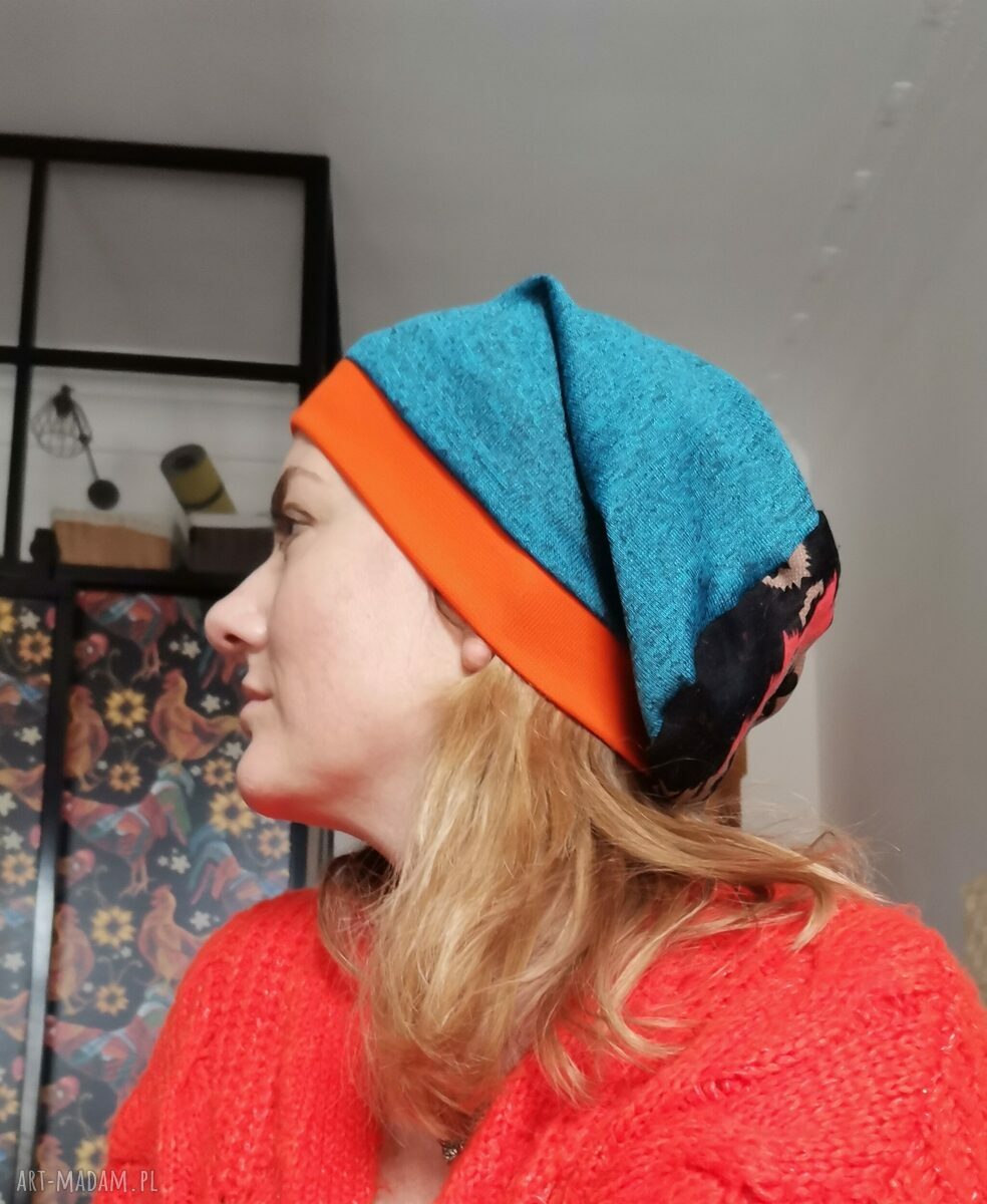 Czapka wiosenna z pomarańczem w stylu Boho-Folk - na podszewce (rozmiar uniwersalny)