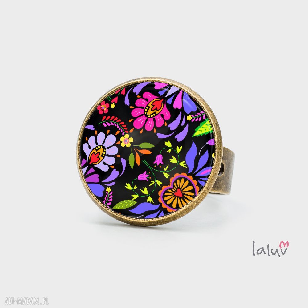 Pierścionek FLOWER POWER - ręcznie robiony, regulowany, grafika pod wypukłym szkiełkiem