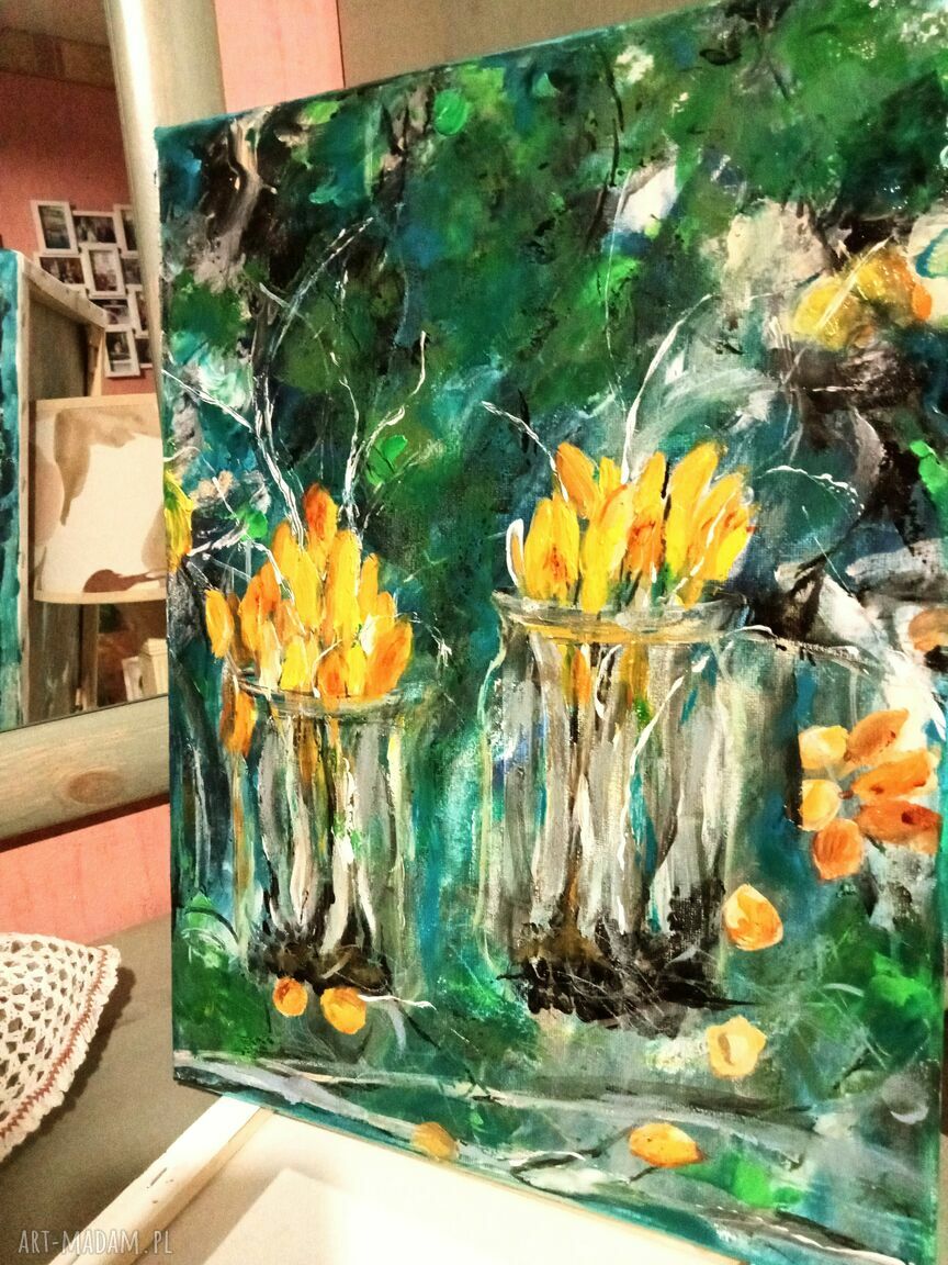 Wiosenne zauroczenie - olejny obraz ręcznie malowany z krokusami (40/30/2 cm)