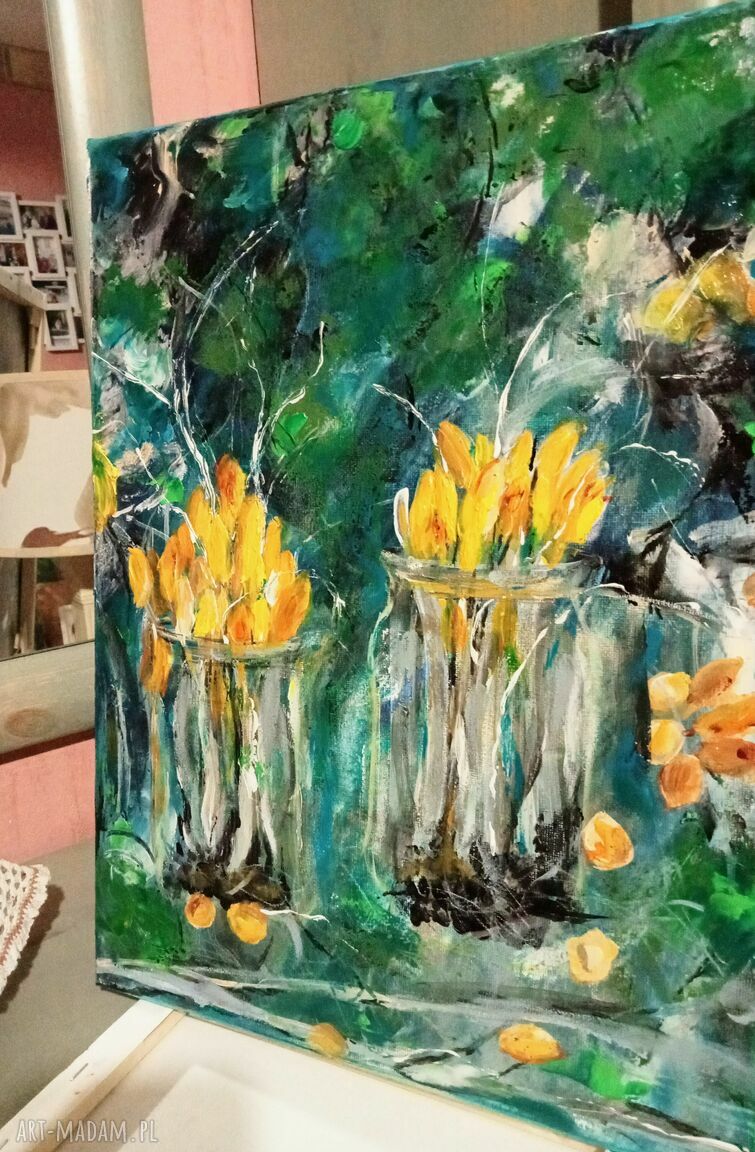 Wiosenne zauroczenie - olejny obraz ręcznie malowany z krokusami (40/30/2 cm)