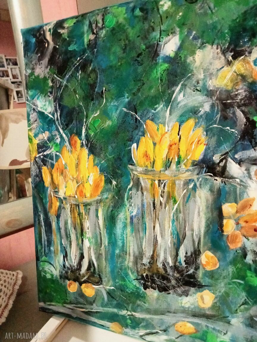Wiosenne zauroczenie - olejny obraz ręcznie malowany z krokusami (40/30/2 cm)