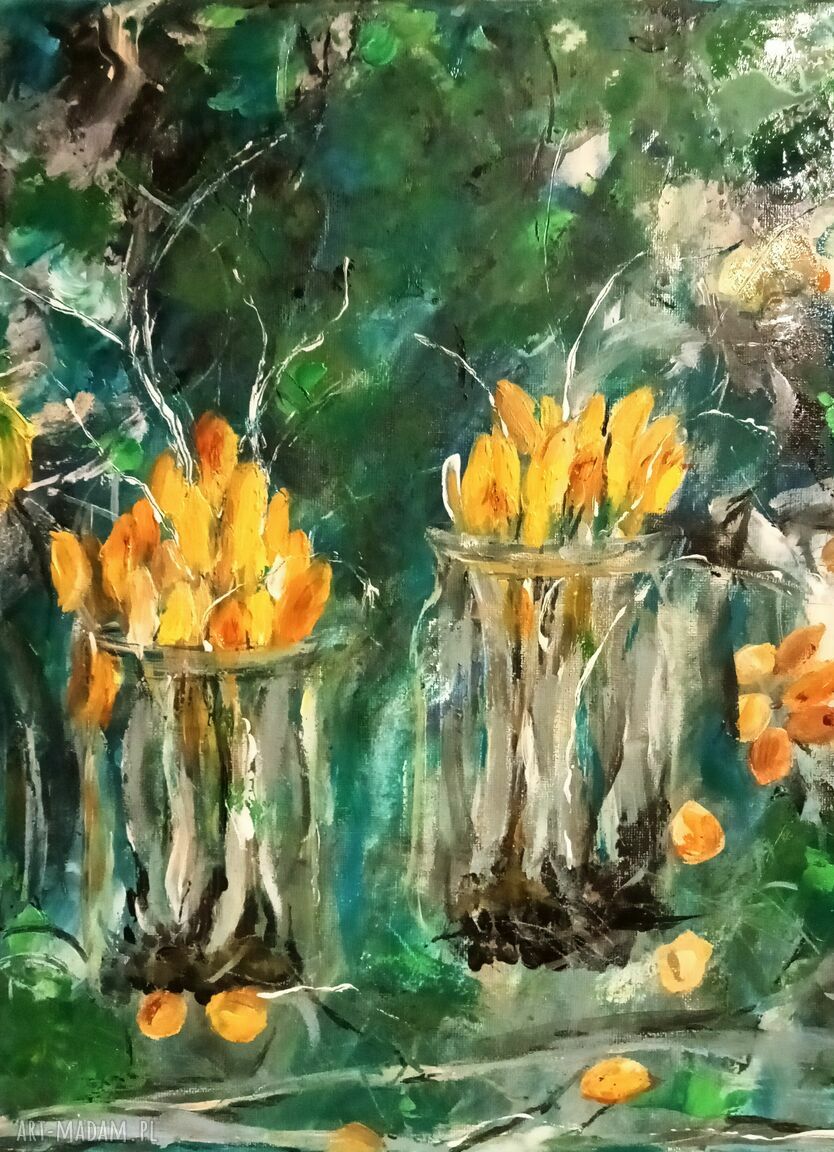 Wiosenne zauroczenie - olejny obraz ręcznie malowany z krokusami (40/30/2 cm)