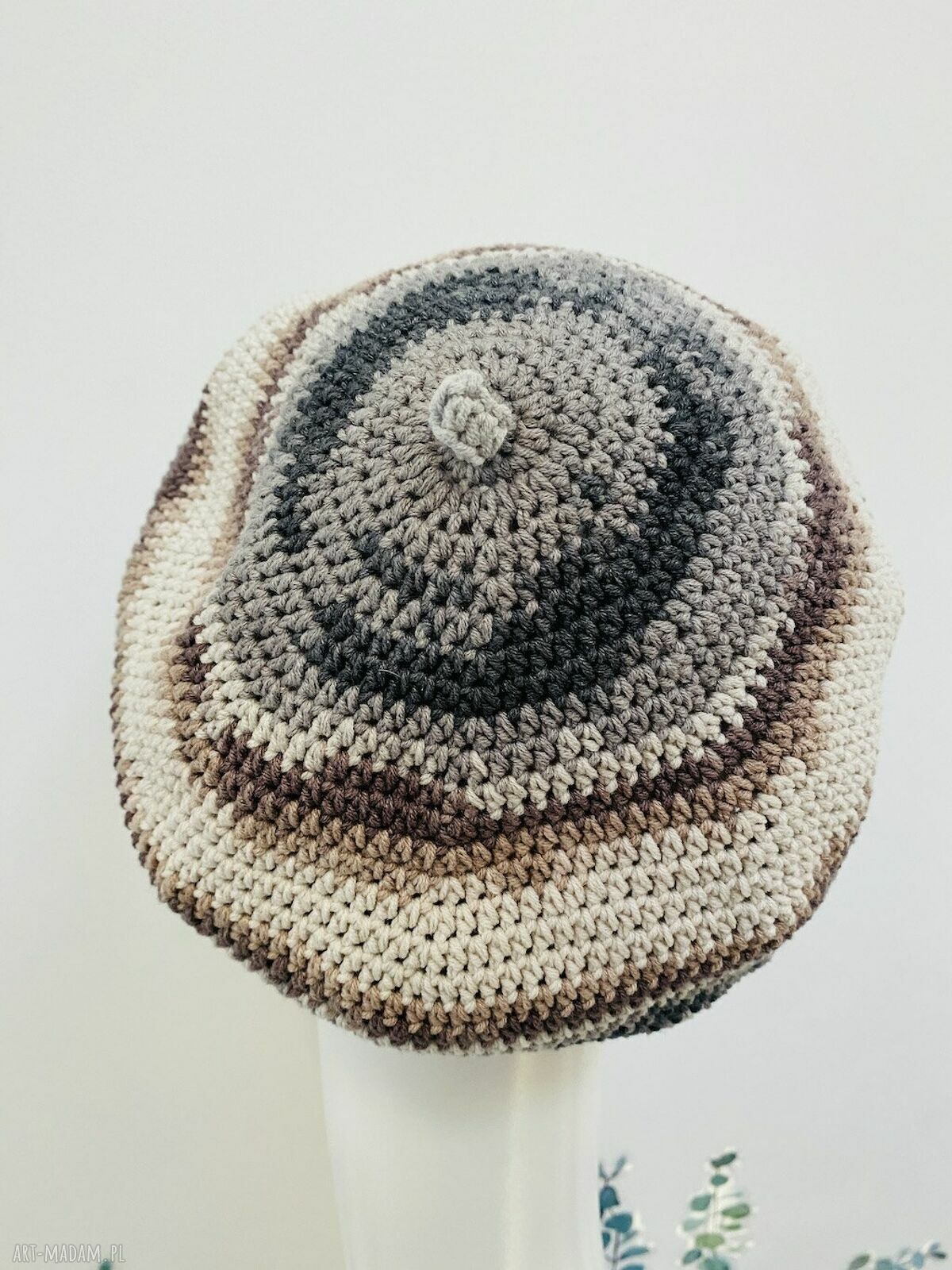 Wiosenny beret damski z antenką - ręcznie robiony bawełniany (one size)