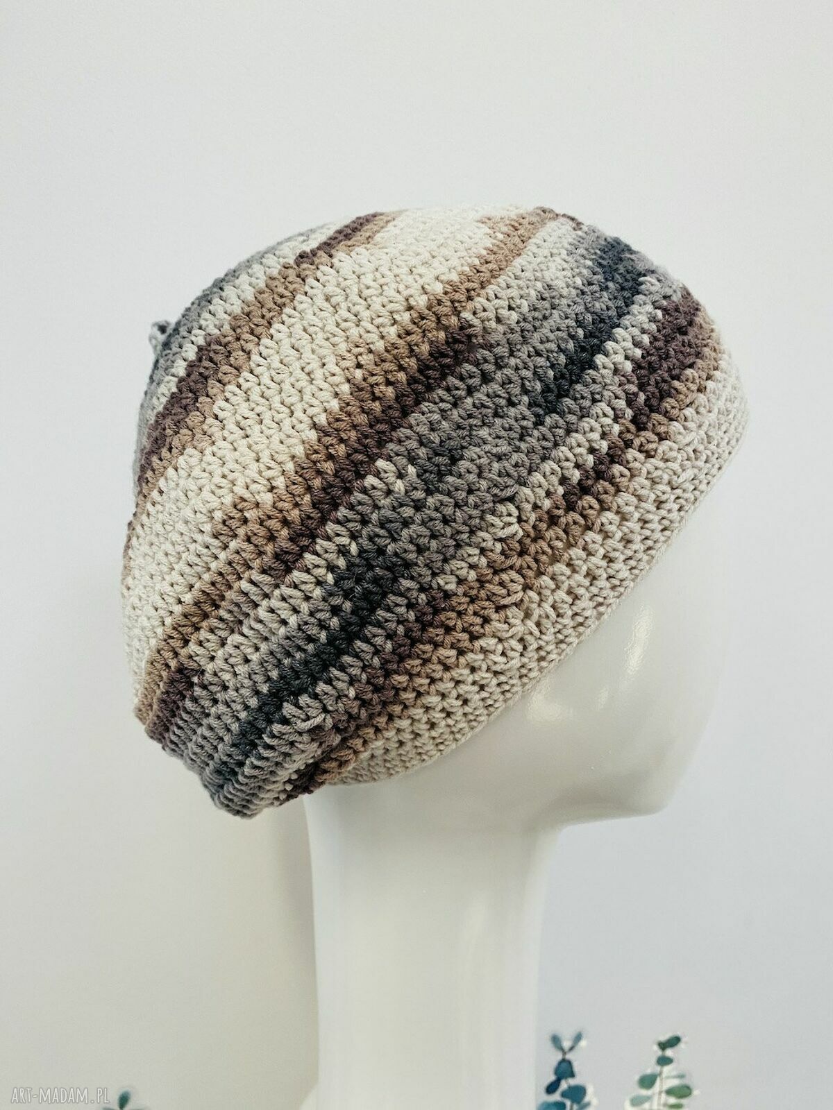 Wiosenny beret damski z antenką - ręcznie robiony bawełniany (one size)