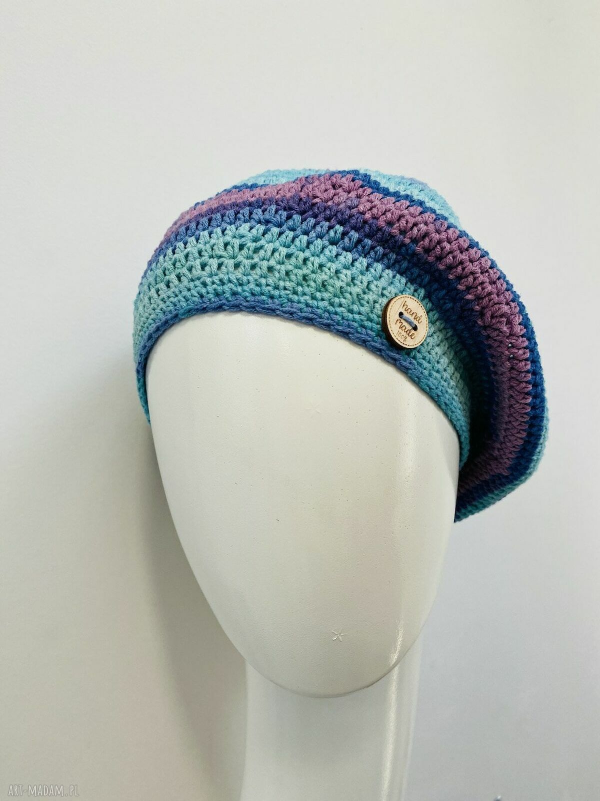 Wiosenny beret damski z antenką - ręcznie robiony z bawełny (one size 54-59 cm)