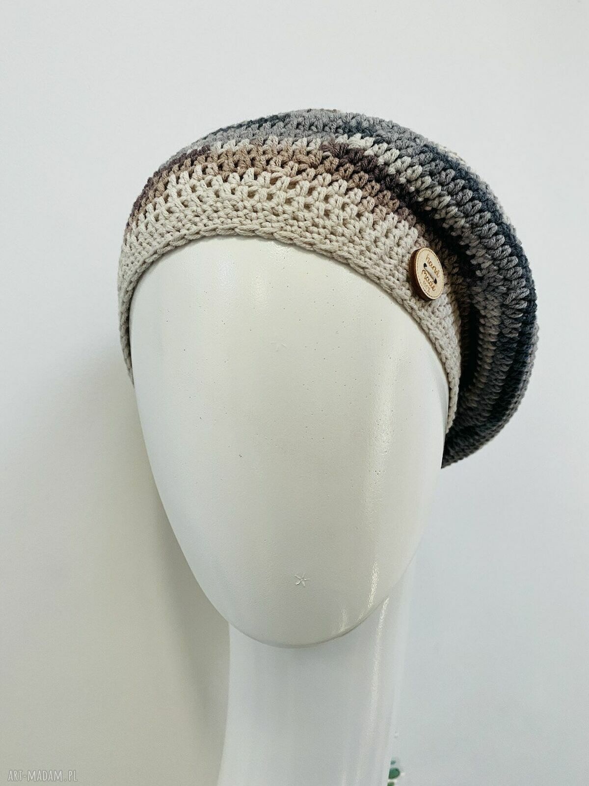 Wiosenny beret damski z antenką - ręcznie robiony bawełniany (one size)