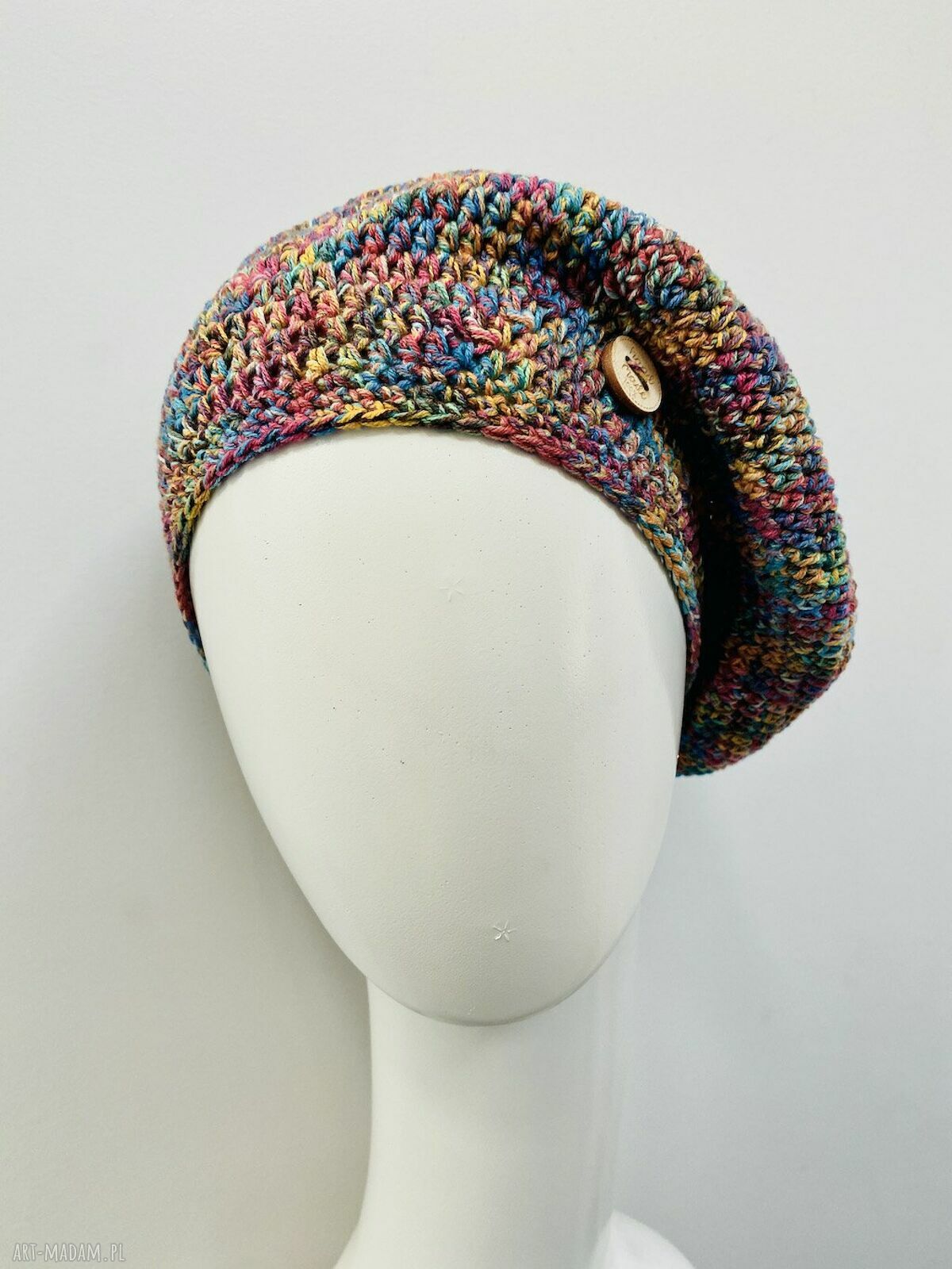 Wiosenny beret damski z antenką - ręcznie robiony z bawełny i akrylu (one size)