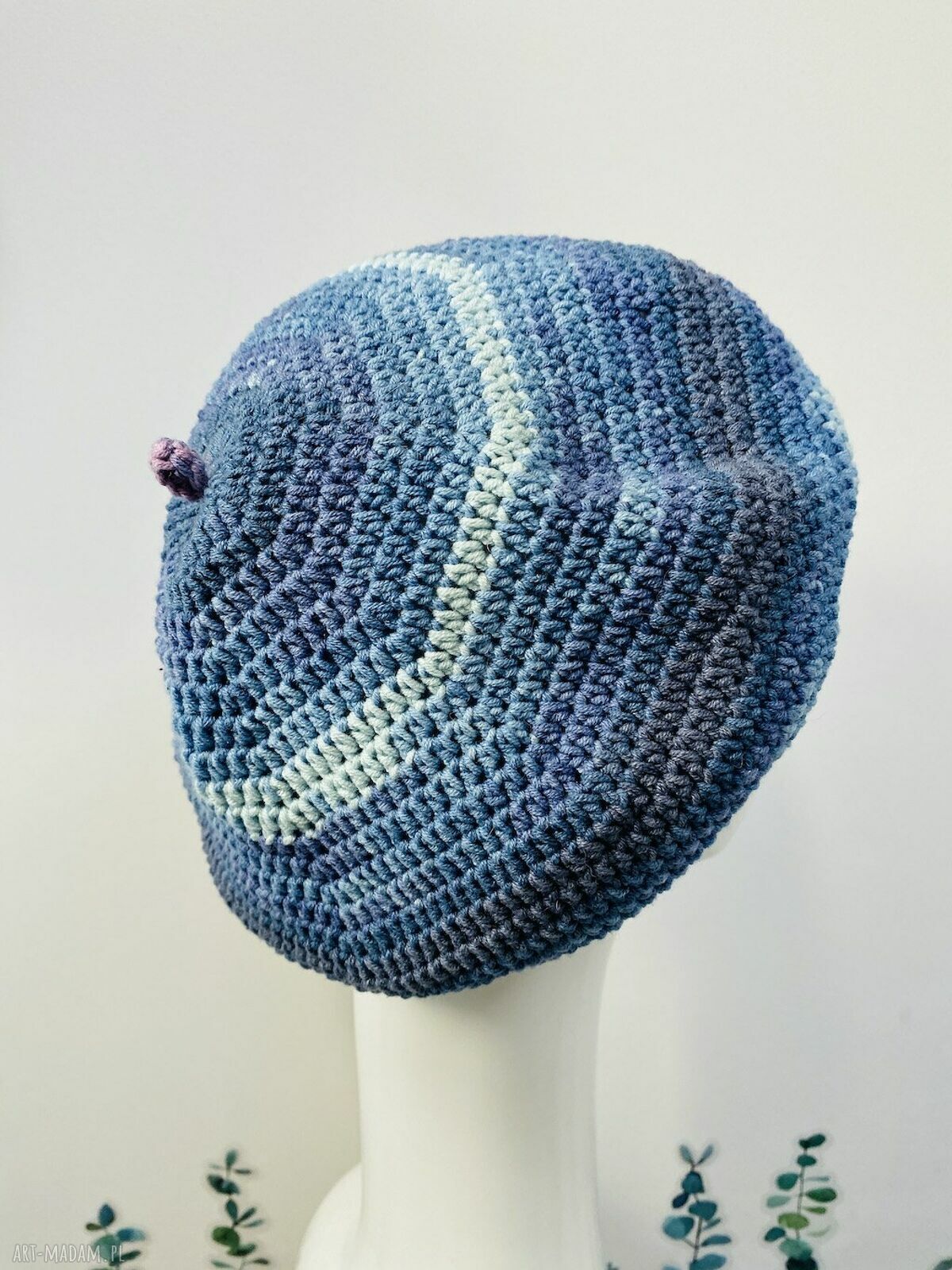Wiosenny beret damski z antenką - ręcznie robiony z bawełny (OEKO-TEX), one size 54-58 cm