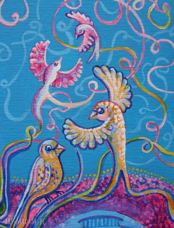 Wiosenny obraz ornitologiczny z ptakami, łabędziem i bukietem - malarstwo akrylowe 24x30 cm