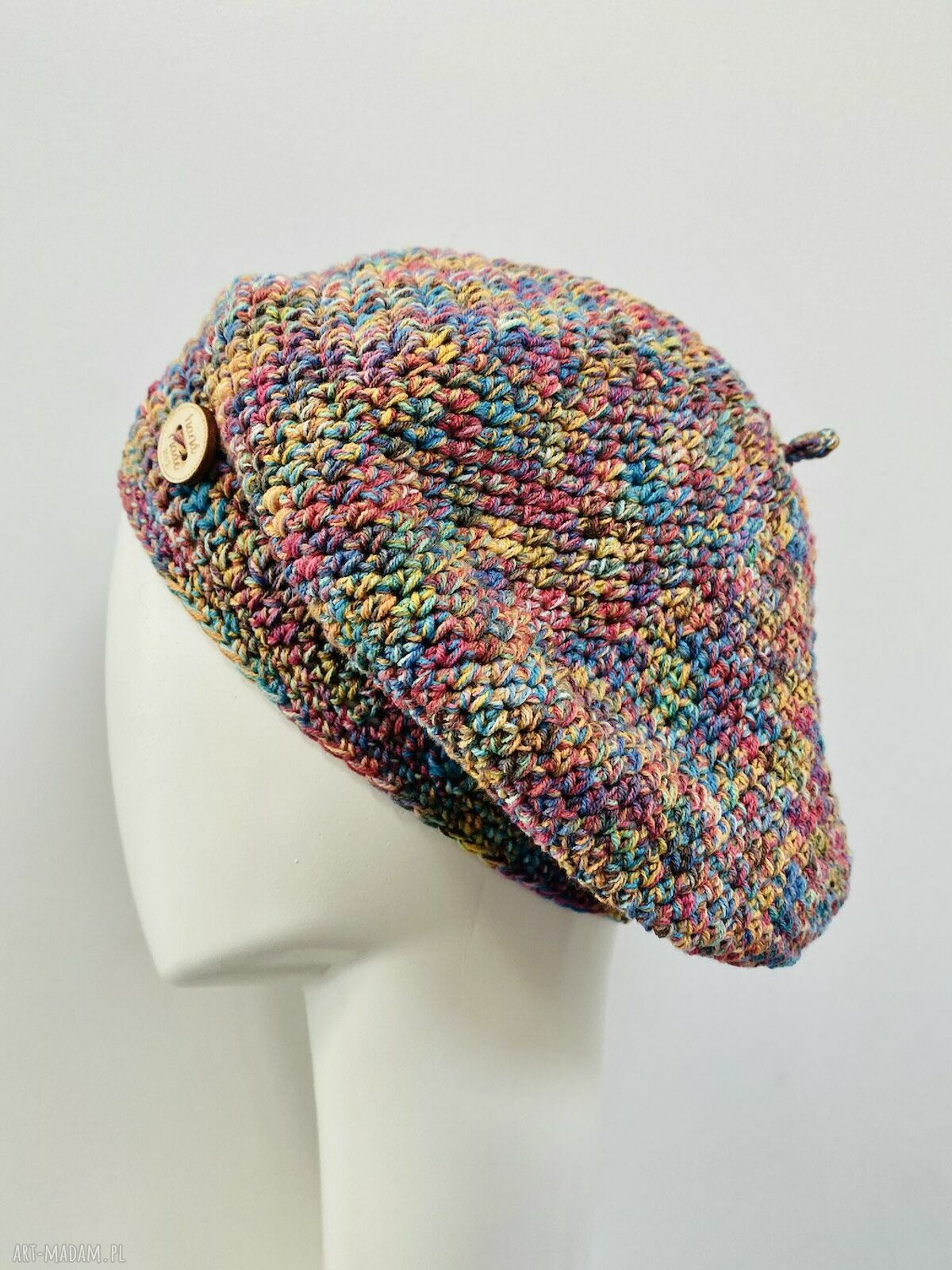 Wiosenny beret damski z antenką - ręcznie robiony z bawełny i akrylu (one size)