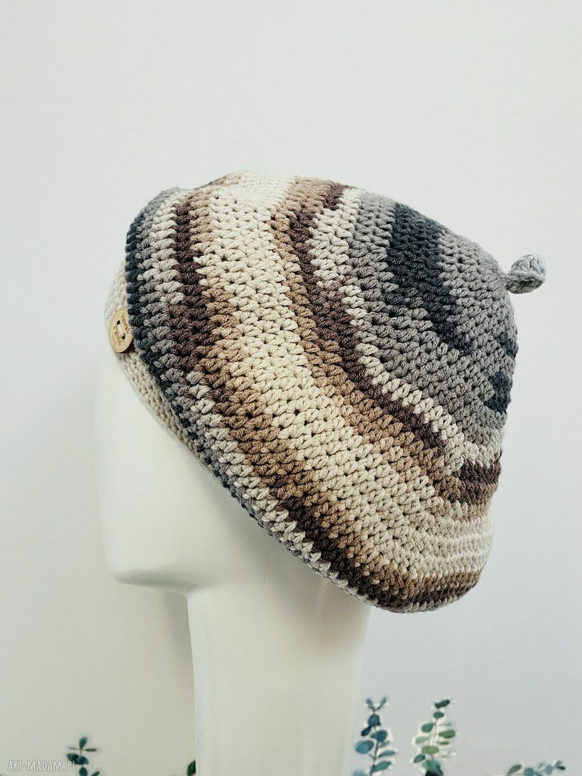 Wiosenny beret damski z antenką - ręcznie robiony bawełniany (one size)