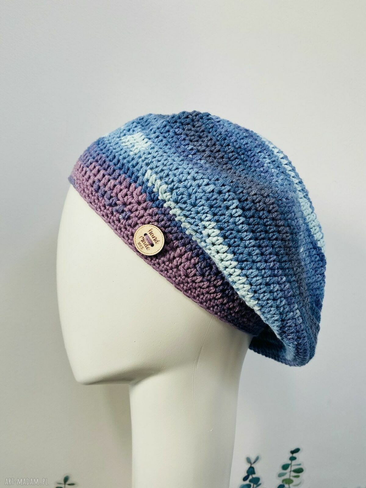 Wiosenny beret damski z antenką - ręcznie robiony z bawełny (OEKO-TEX), one size 54-58 cm