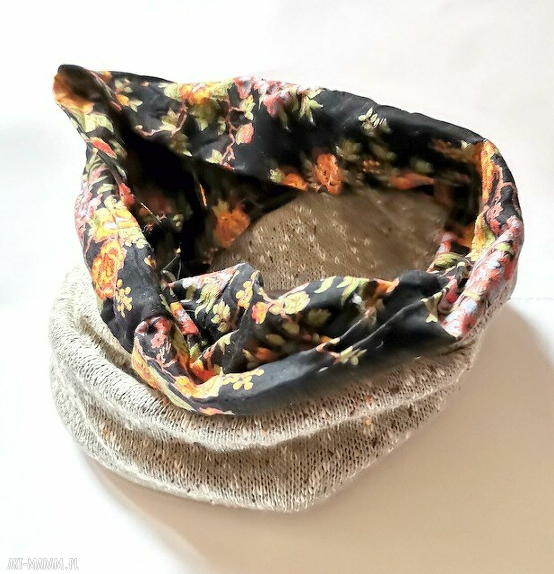 Kolorowy komin wiosenny patchworkowy etno boho na podszewce - damski, handmade (42x40 cm)