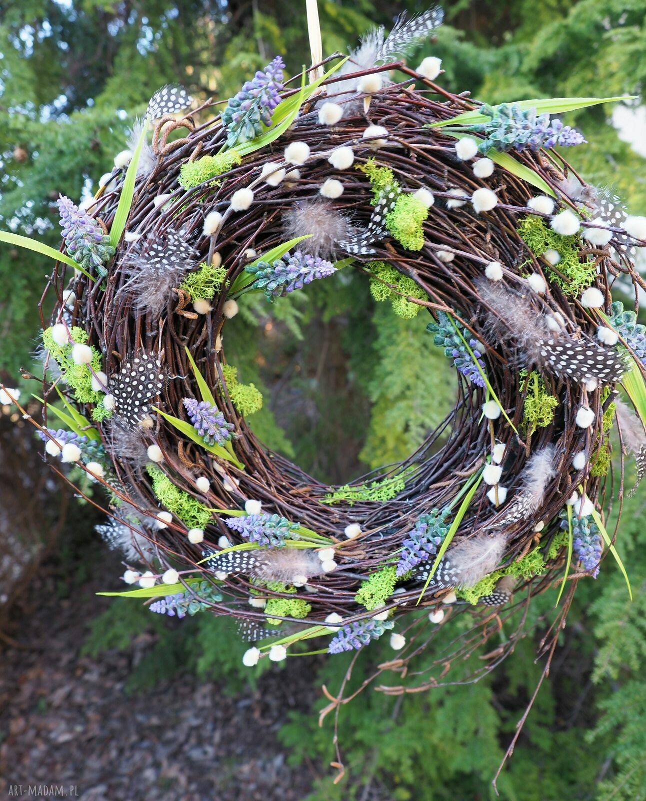 Wianek wiosenny handmade na drzwi i ścianę - stroik wielkanocny, ok. 45 cm