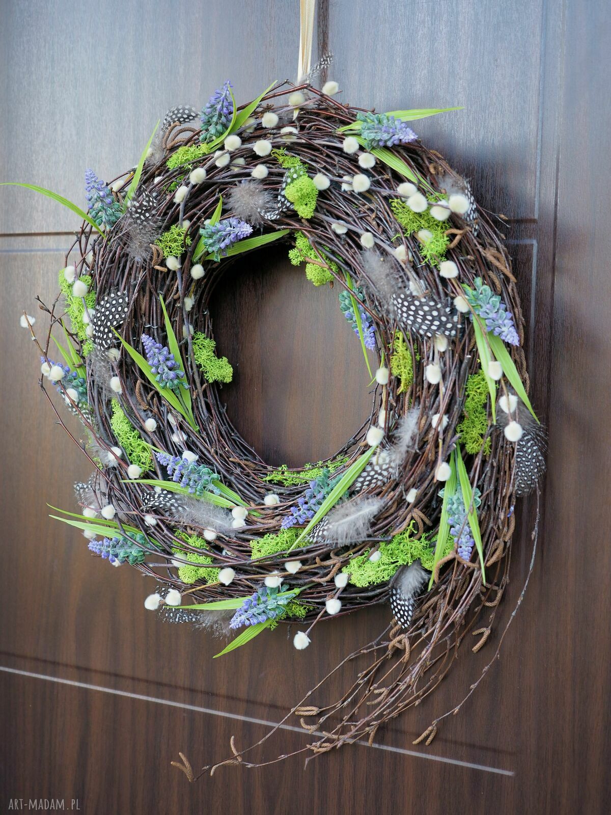 Wianek wiosenny handmade na drzwi i ścianę - stroik wielkanocny, ok. 45 cm