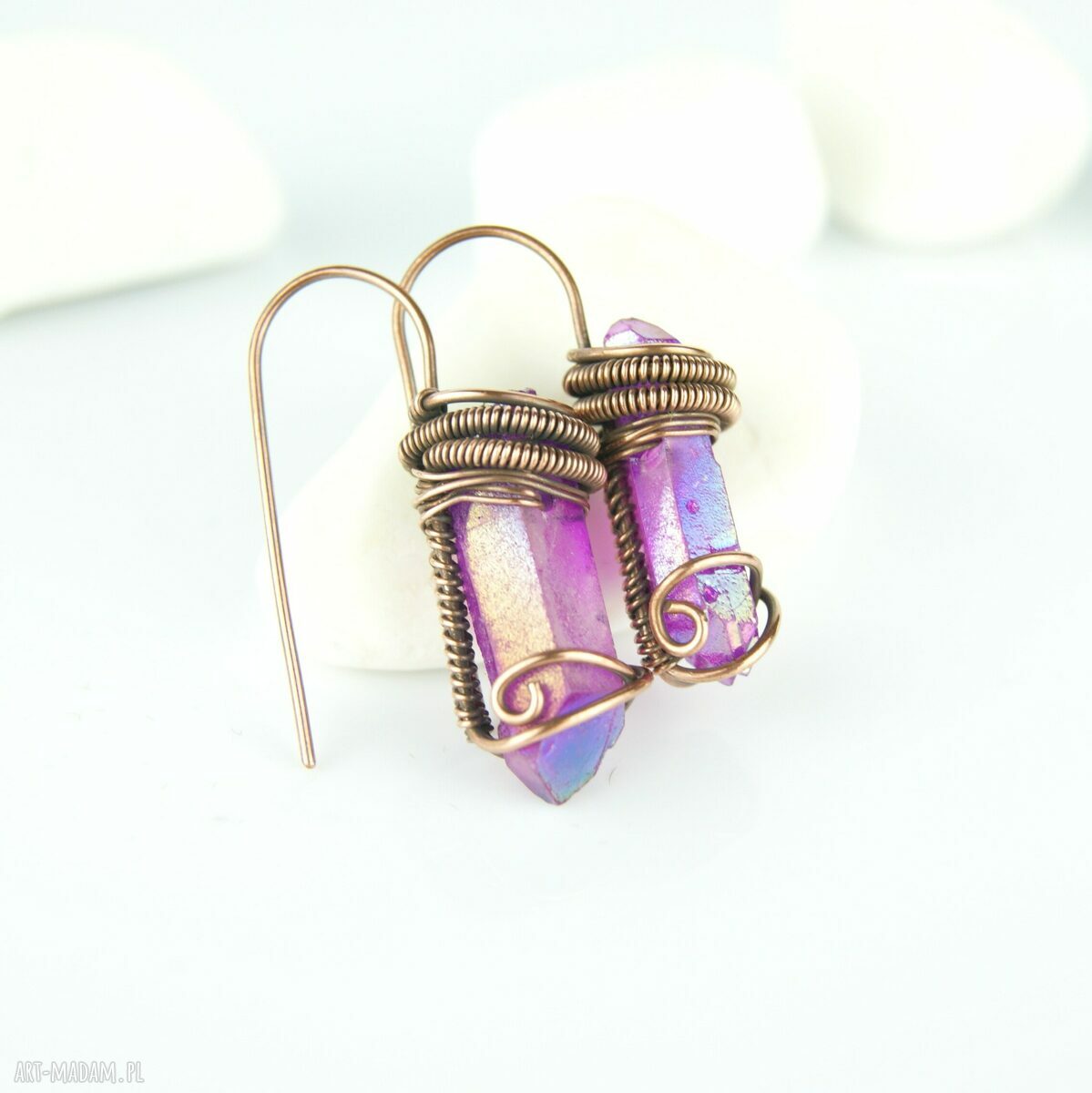 Kolczyki wire wrapping z kwarcem tytanowym - miedziane
