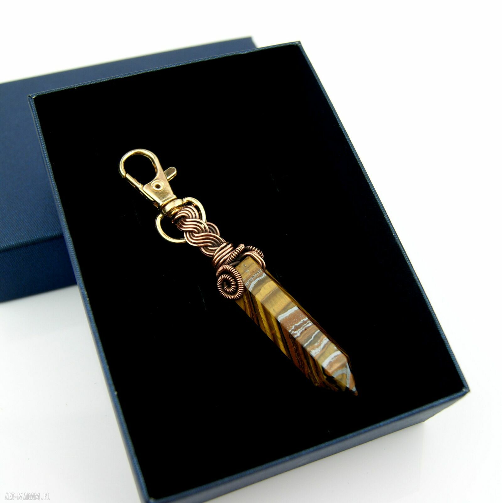 Brelok wire wrapping z tygrysim okiem - miedziany drut jubilerski, oksydowany