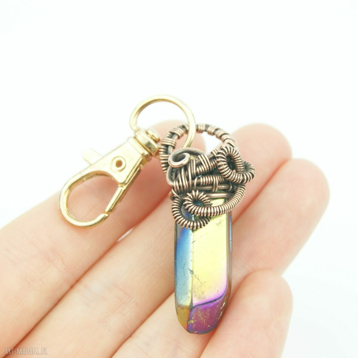 Brelok do kluczy z kwarcem tytanowym w technice wire wrapping