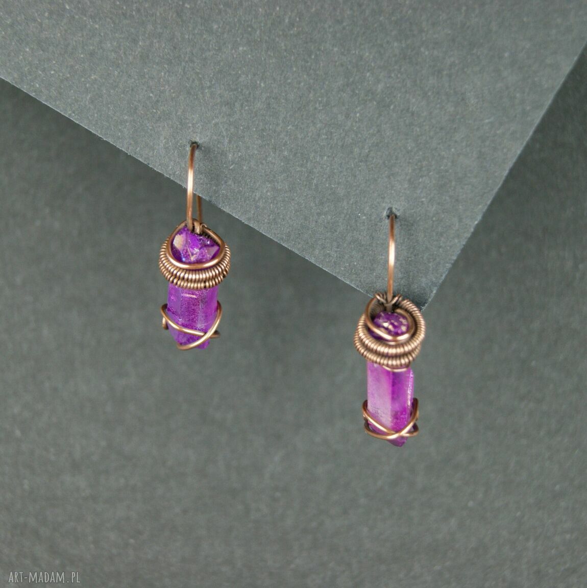 Kolczyki wire wrapping z kwarcem tytanowym - miedziane