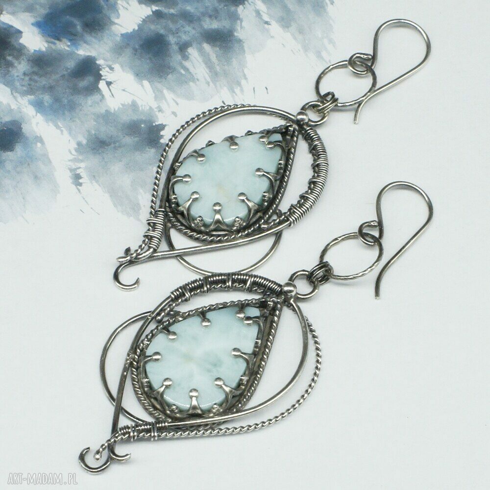 Larimar w srebrze 925 i 999 - kolczyki Lethias w technice wire wrapping