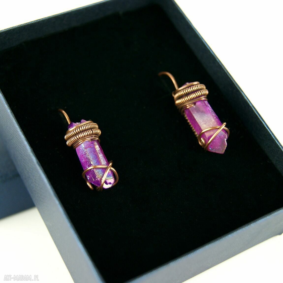 Kolczyki wire wrapping z kwarcem tytanowym - miedziane