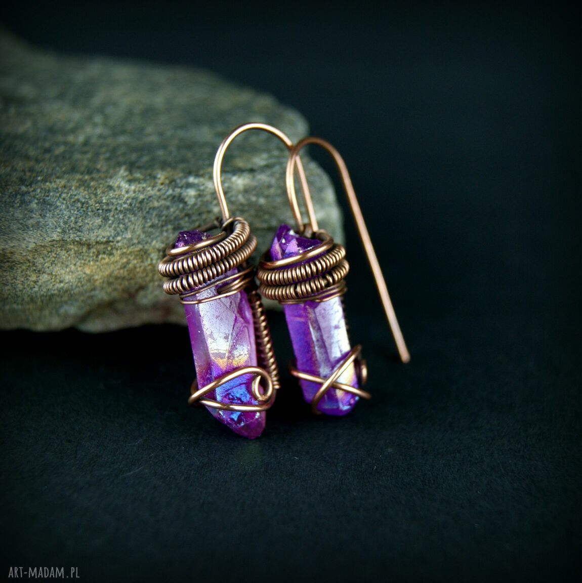 Kolczyki wire wrapping z kwarcem tytanowym - miedziane
