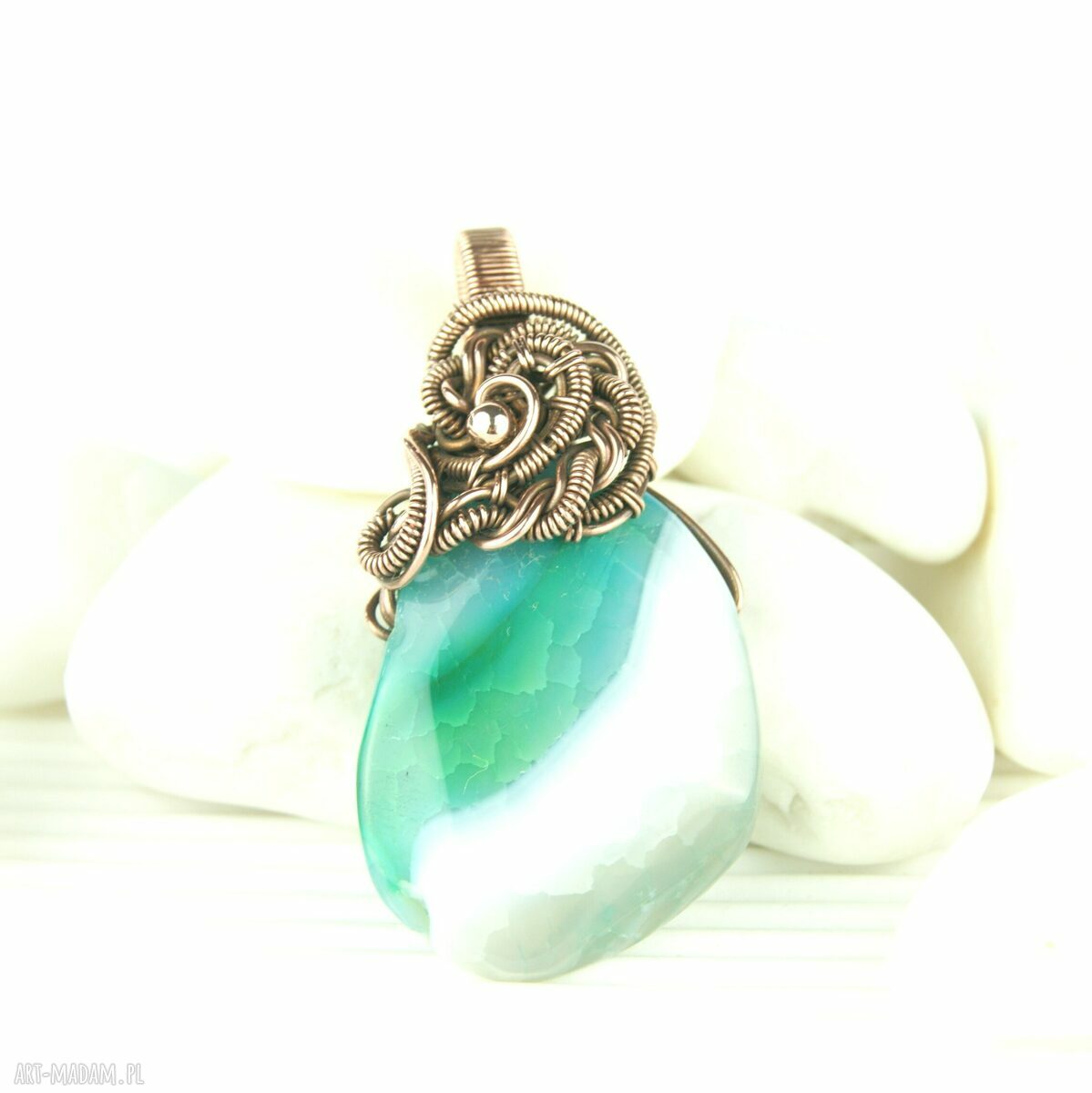 Zielony wisiorek wire wrapping z agatem