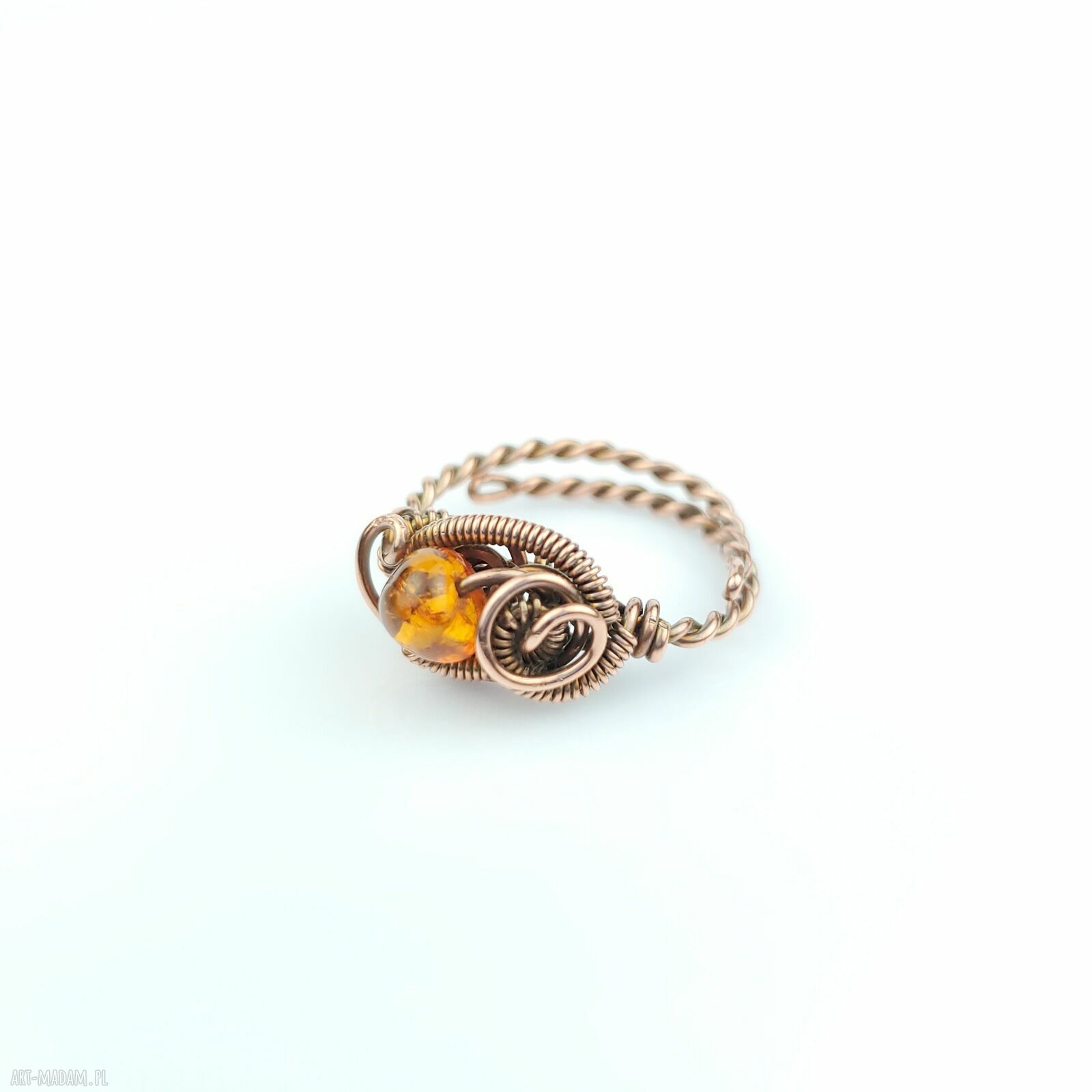 Bursztyn regulowany pierścionek z miedzi - wire wrapping
