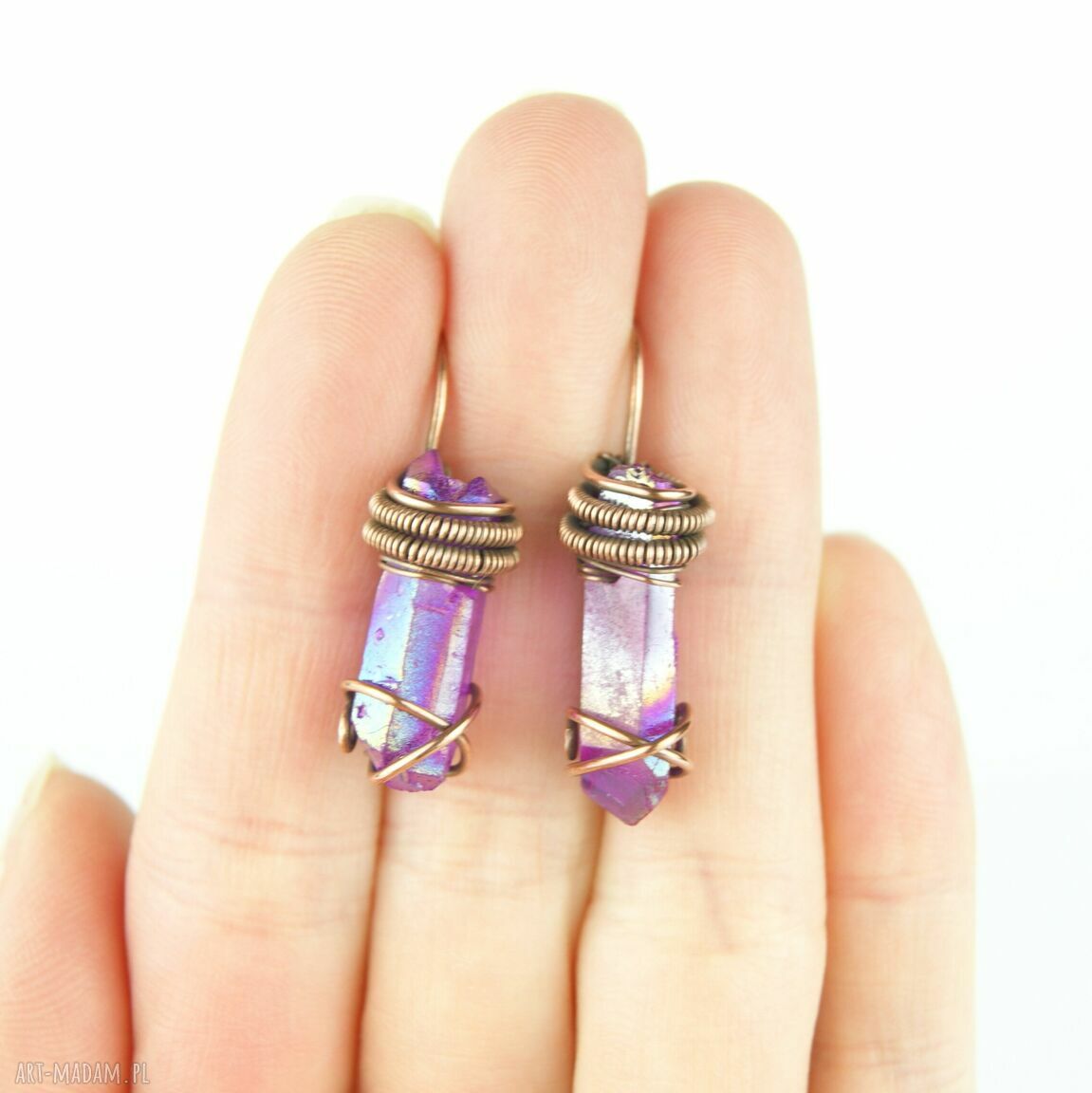 Kolczyki wire wrapping z kwarcem tytanowym - miedziane