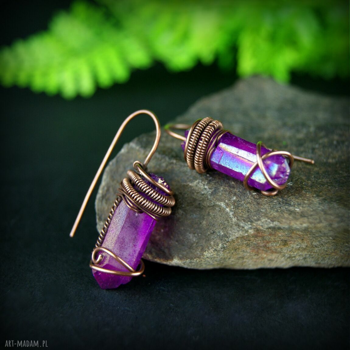 Kolczyki wire wrapping z kwarcem tytanowym - miedziane