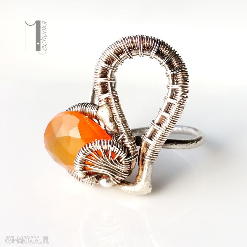 KarmeLOVE srebrny pierścionek z karneolem wire wrapping (serce) | otwarta obrączka
