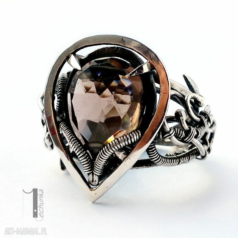 pierścionki: Ratri srebrny pierścień z kwarcem dymnym ręczne wykonanie