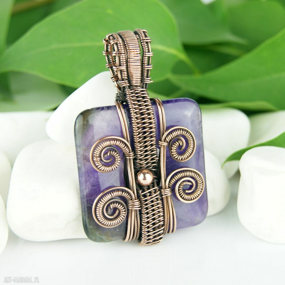 Wisior z ametystem w technice wire wrapping - miedziany, oksydowany