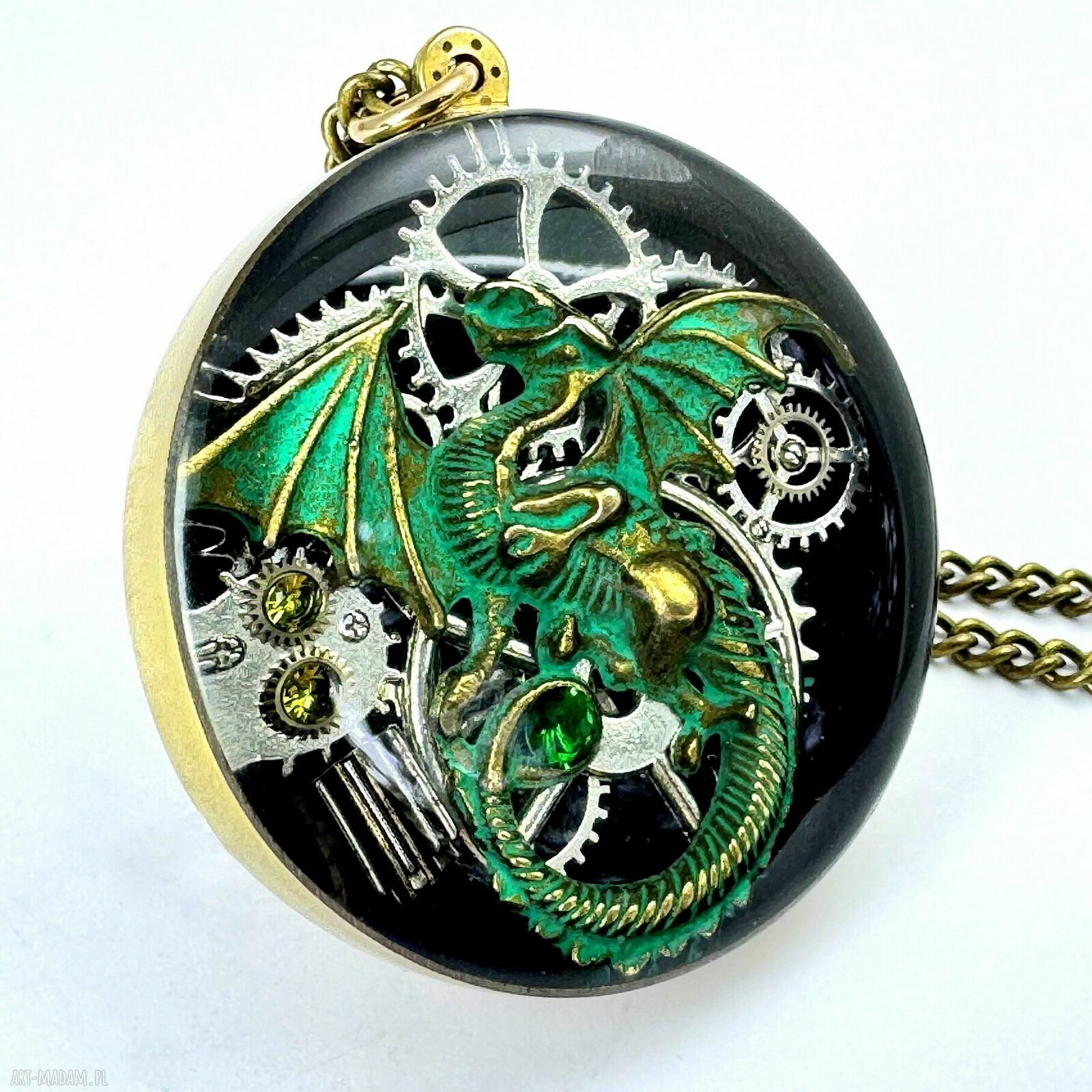 Wisior Dragon Green Beast II - zielony smok z trybików zegarka, unikatowy naszyjnik