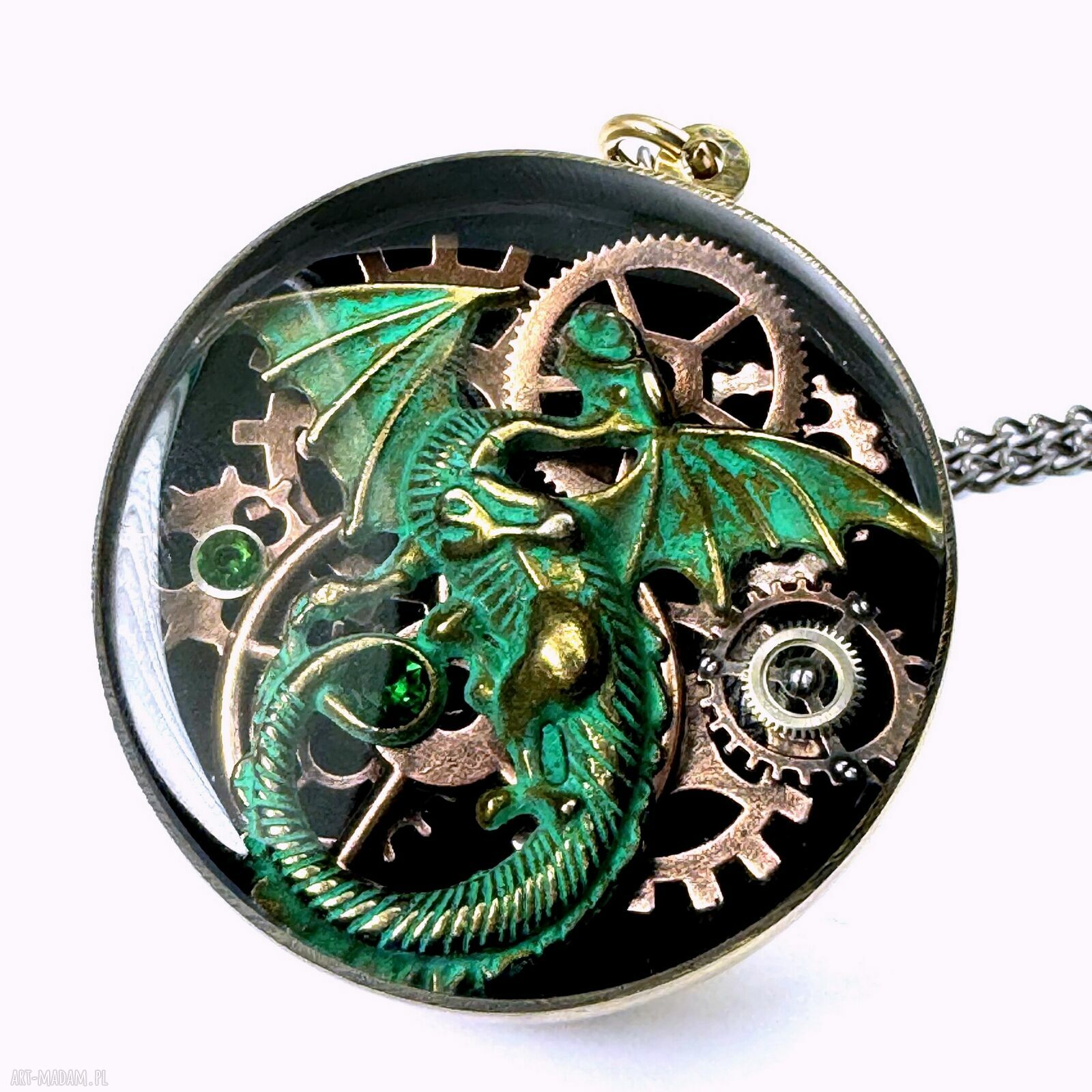 Wisior Dragon Green Beast - unikat ze starego mechanizmu zegarka i żywicy