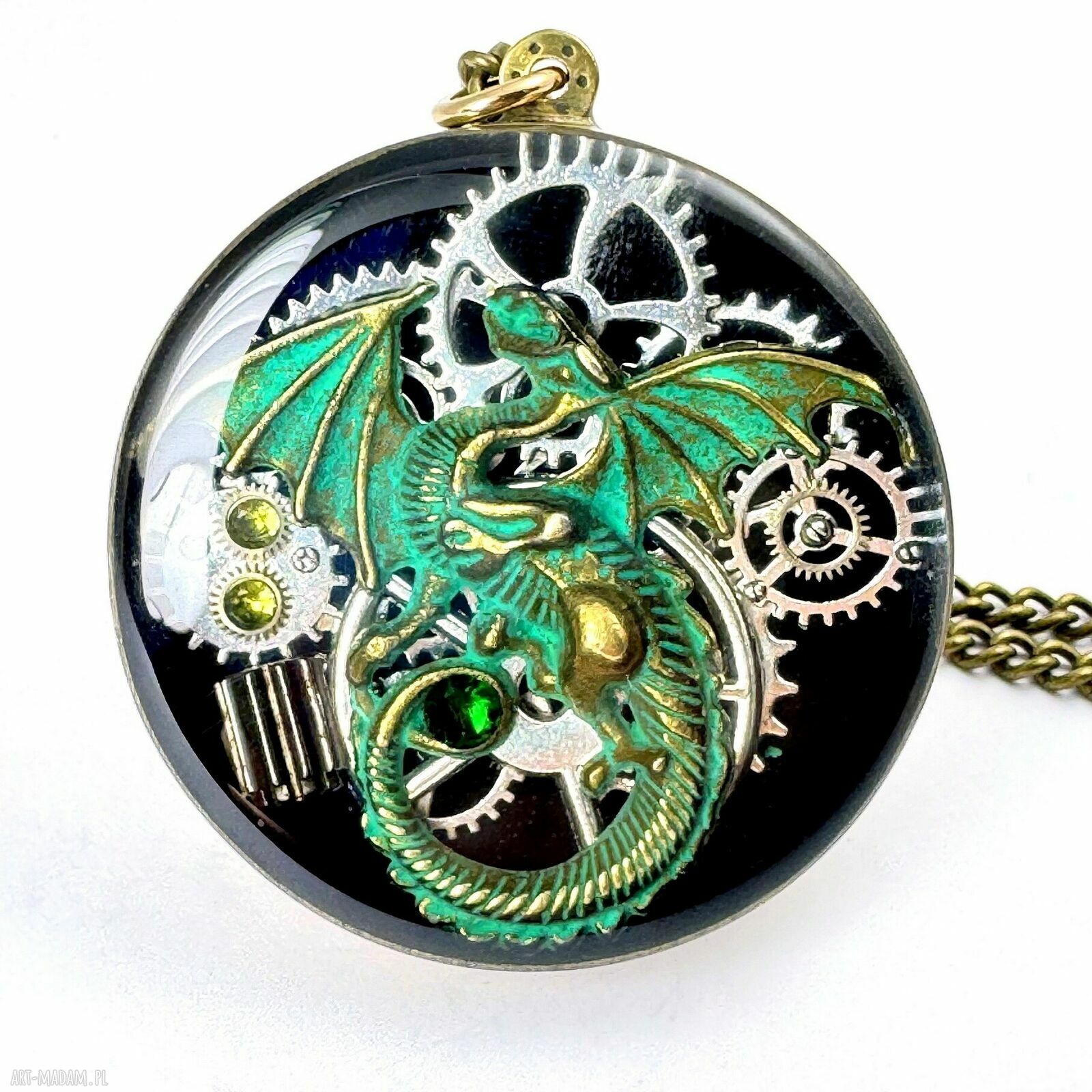 Wisior Dragon Green Beast II - zielony smok z trybików zegarka, unikatowy naszyjnik