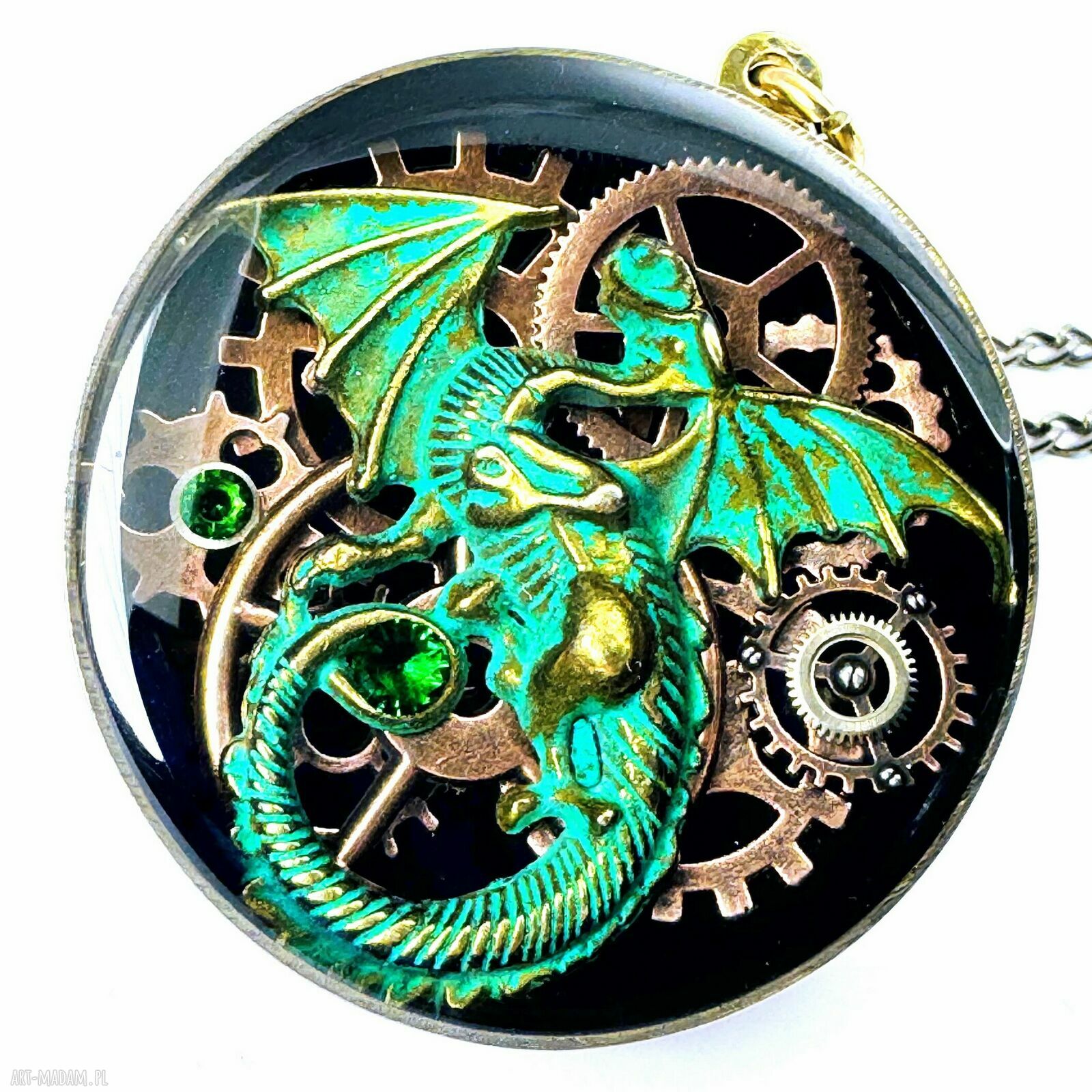 Wisior Dragon Green Beast - unikat ze starego mechanizmu zegarka i żywicy