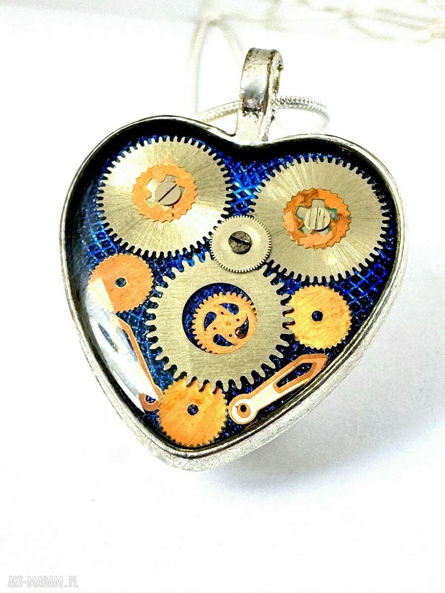 Wisior Silver Heart Blue II - rękodzieło z żywicy, trybiki i mechanizmy