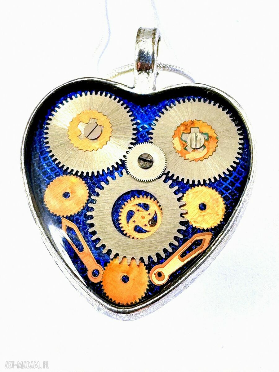Wisior Silver Heart Blue II - rękodzieło z żywicy, trybiki i mechanizmy