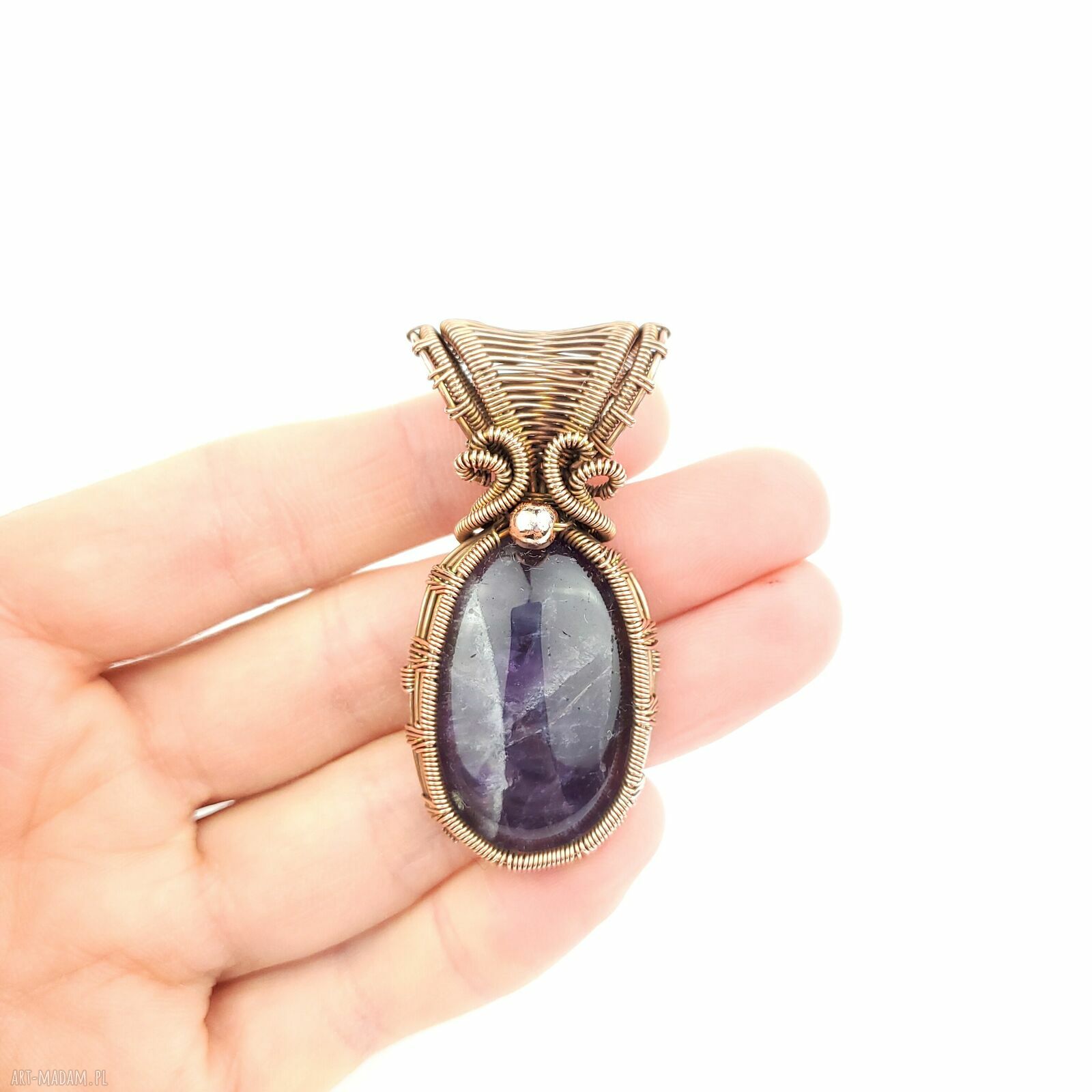 Wisior z ametystem - miedziany wire wrapping z hematytem