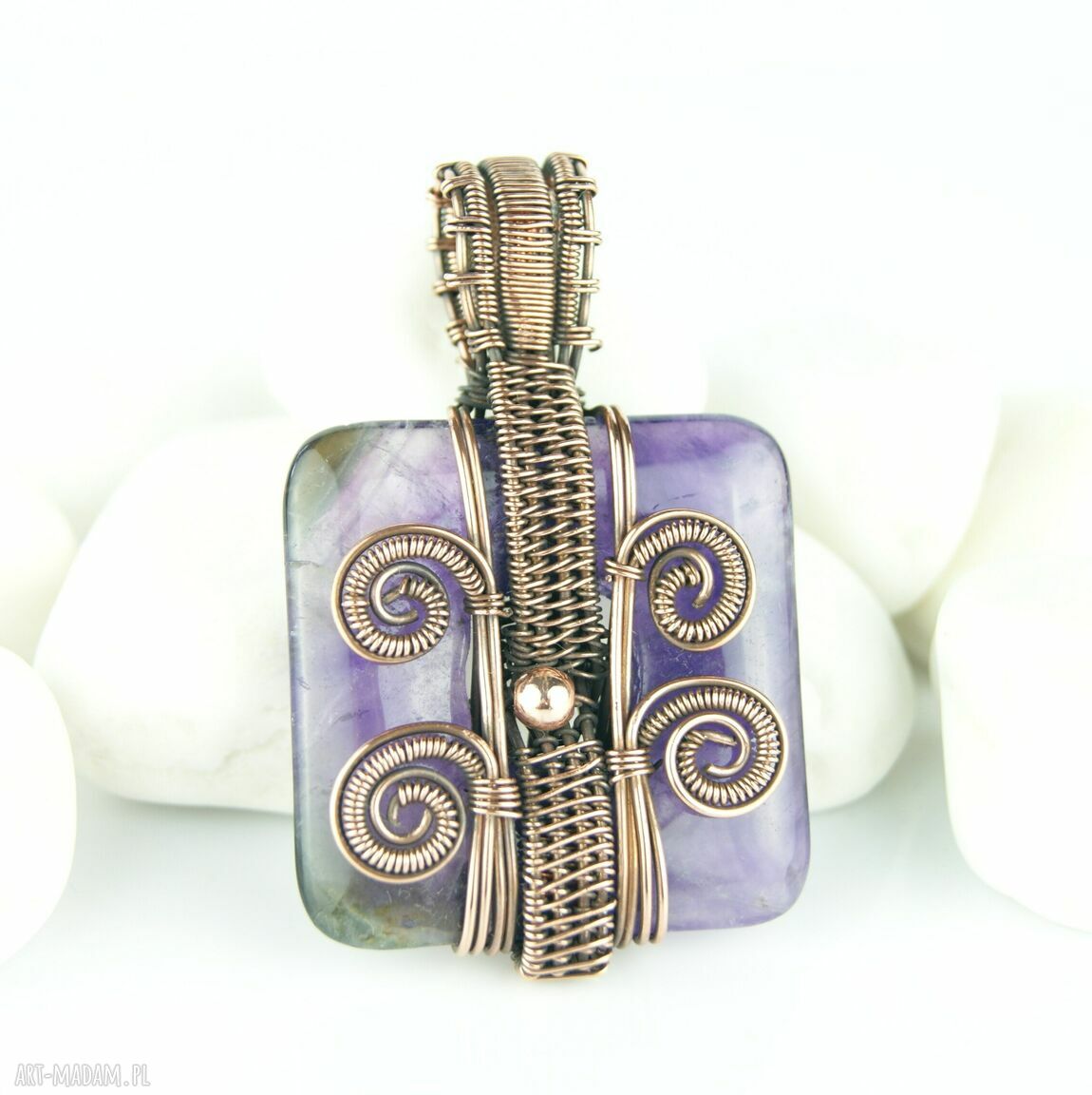 Wisior z ametystem w technice wire wrapping - miedziany, oksydowany