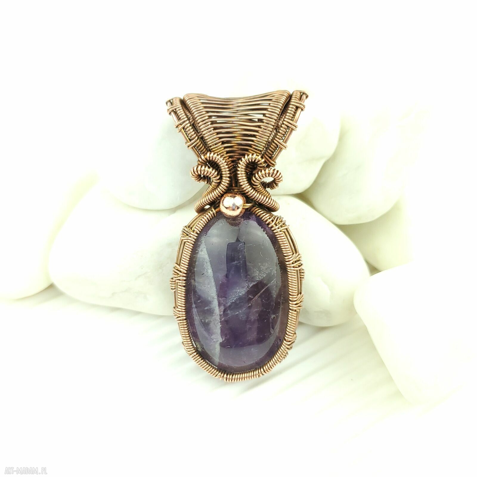 Wisior z ametystem - miedziany wire wrapping z hematytem