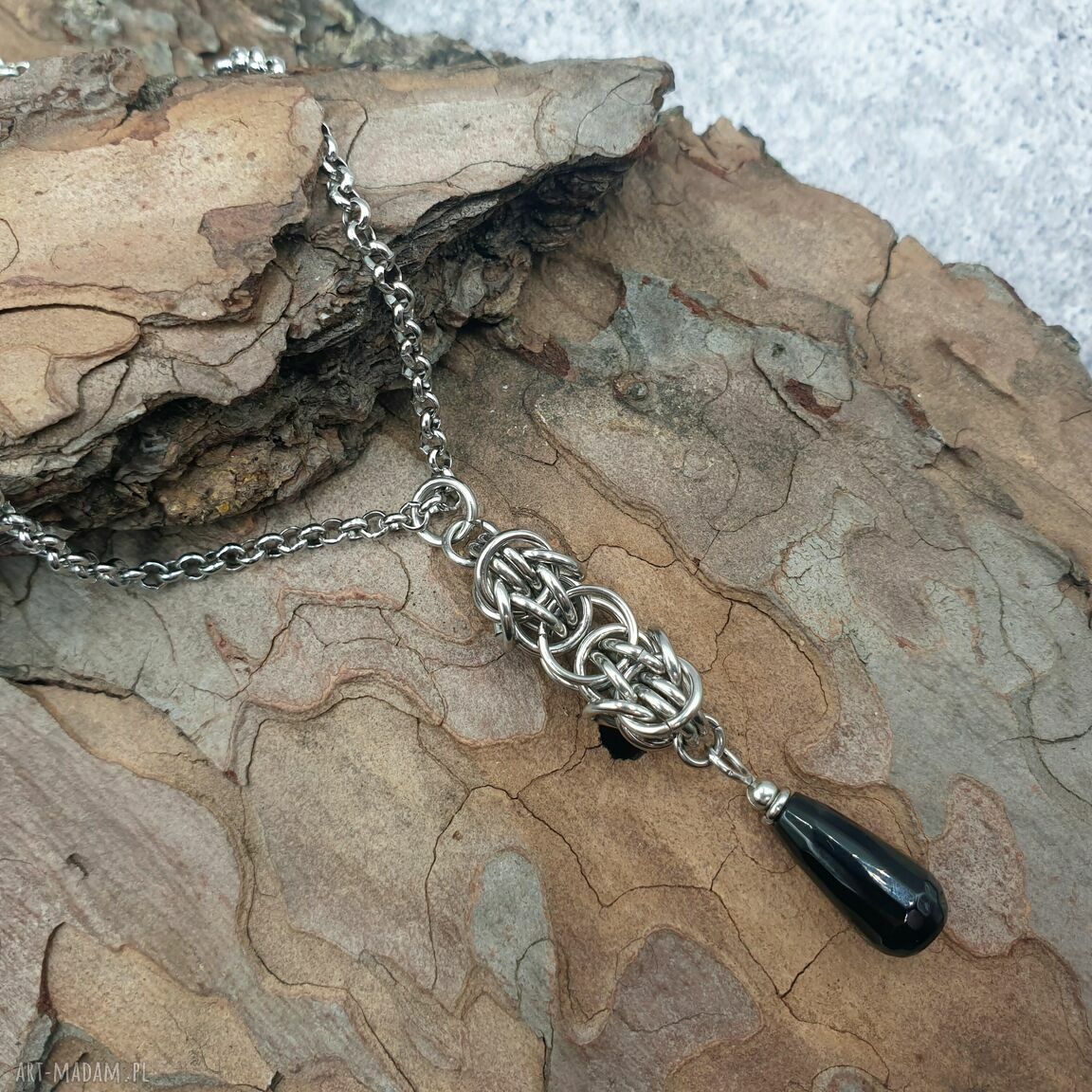 Wisiorek chainmaille - kropla czarnego onyksu