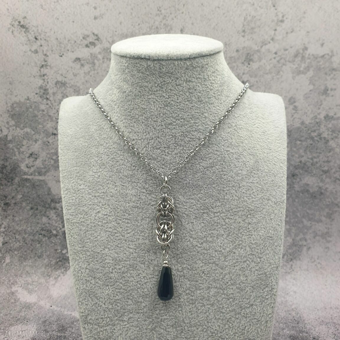 Wisiorek chainmaille - kropla czarnego onyksu