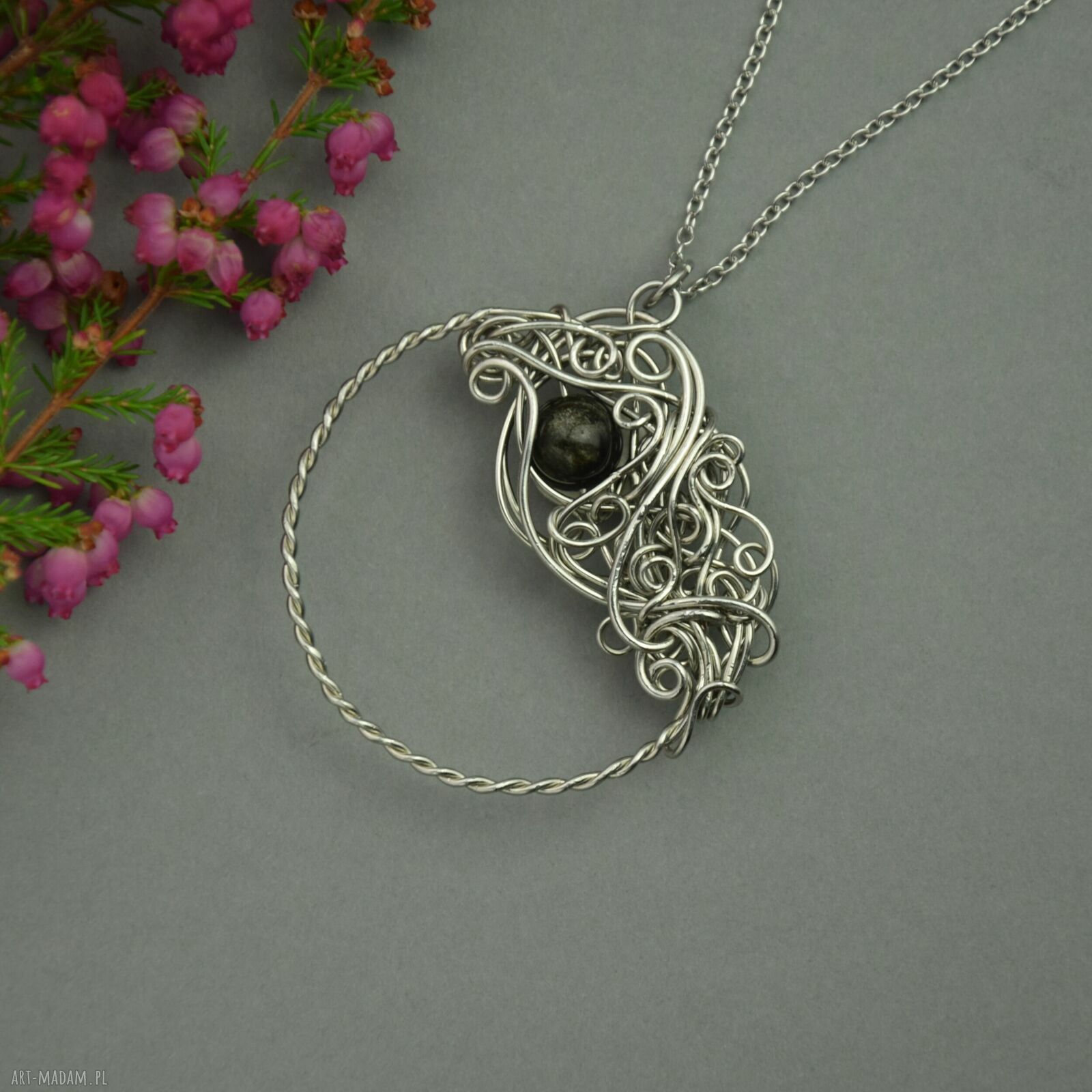 Wisiorek koło z obsydianem złocistym - rękodzieło wire wrapping