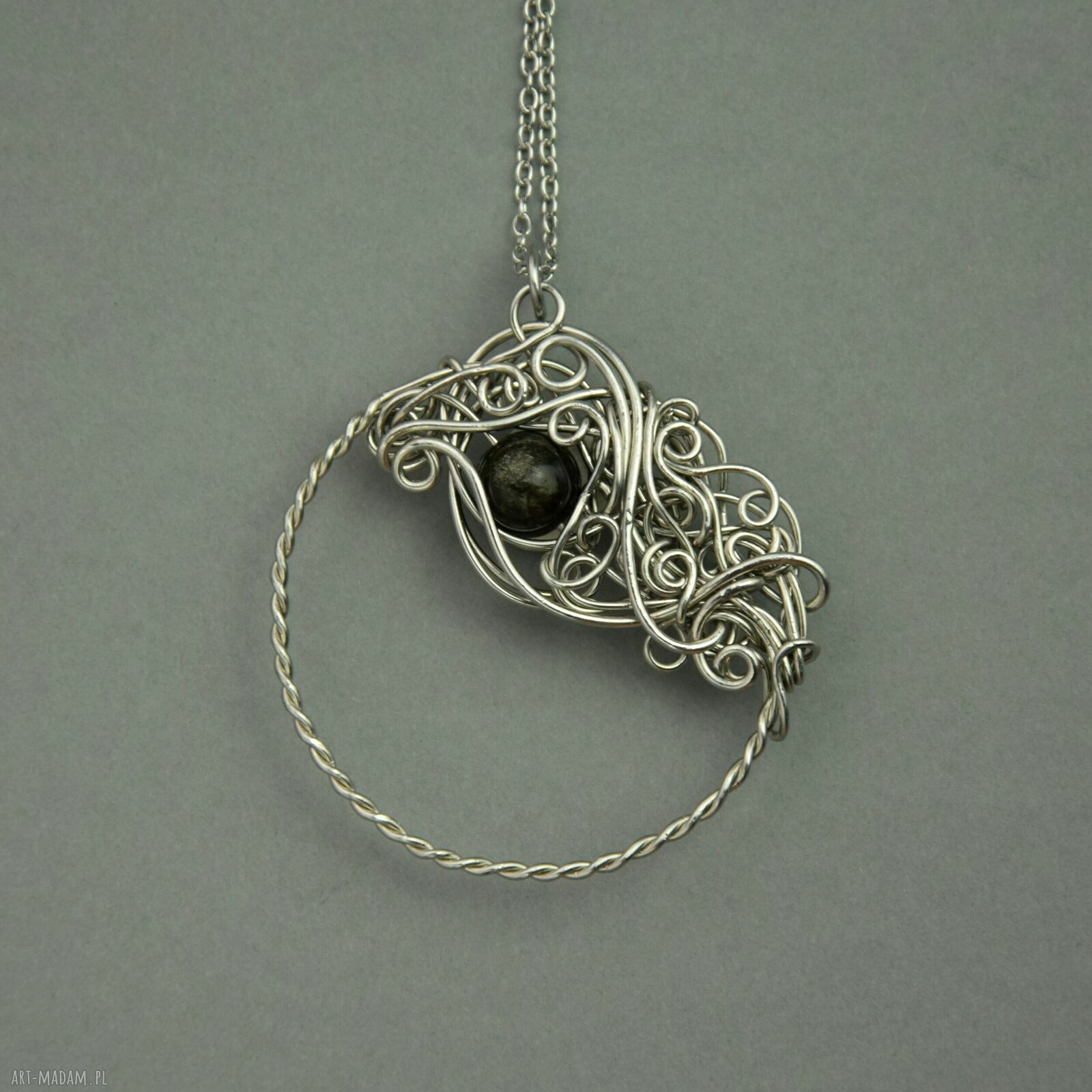 Wisiorek koło z obsydianem złocistym - rękodzieło wire wrapping