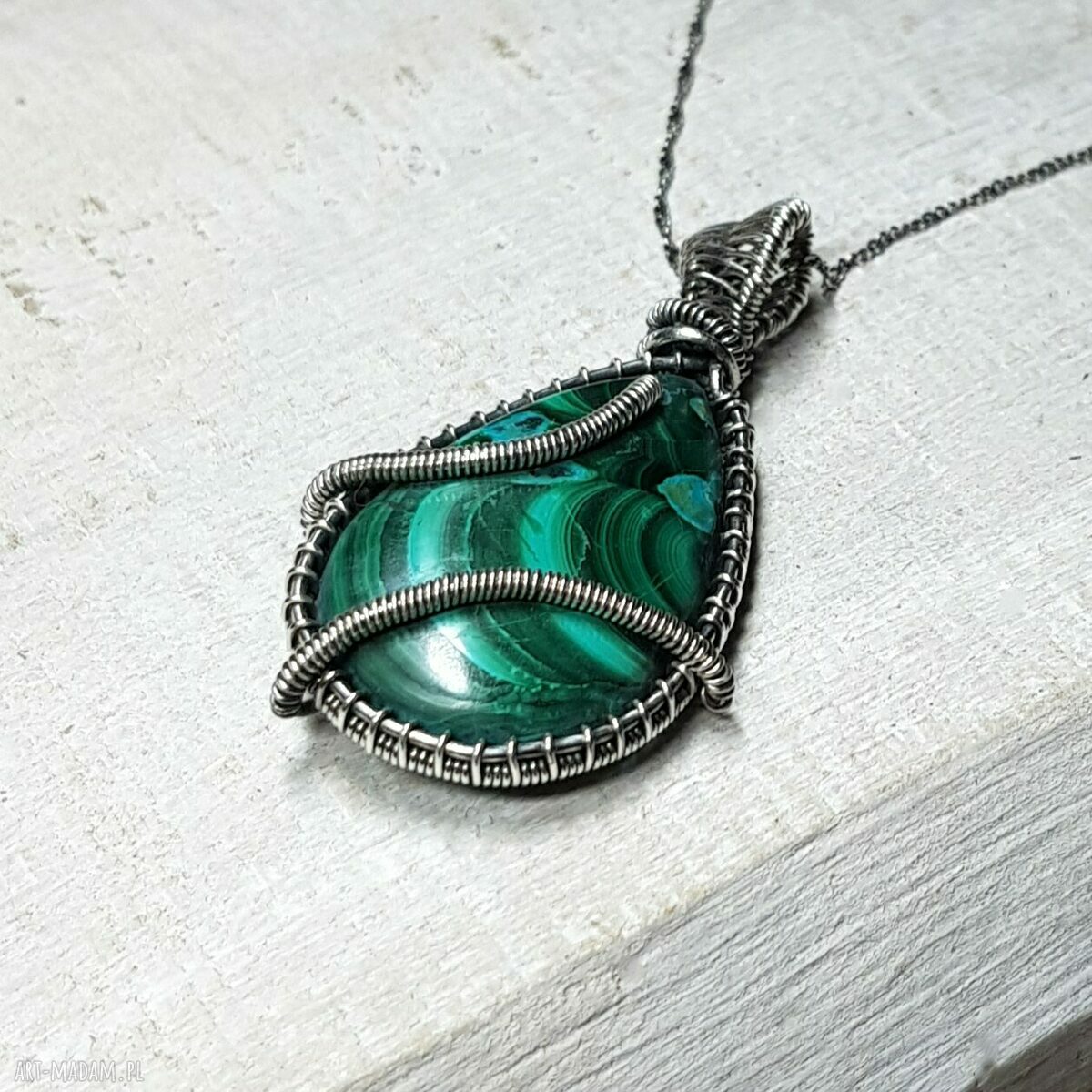 Malachit z Azurytem - wisiorek wire wrapping ze srebra 999 (rękodzieło)