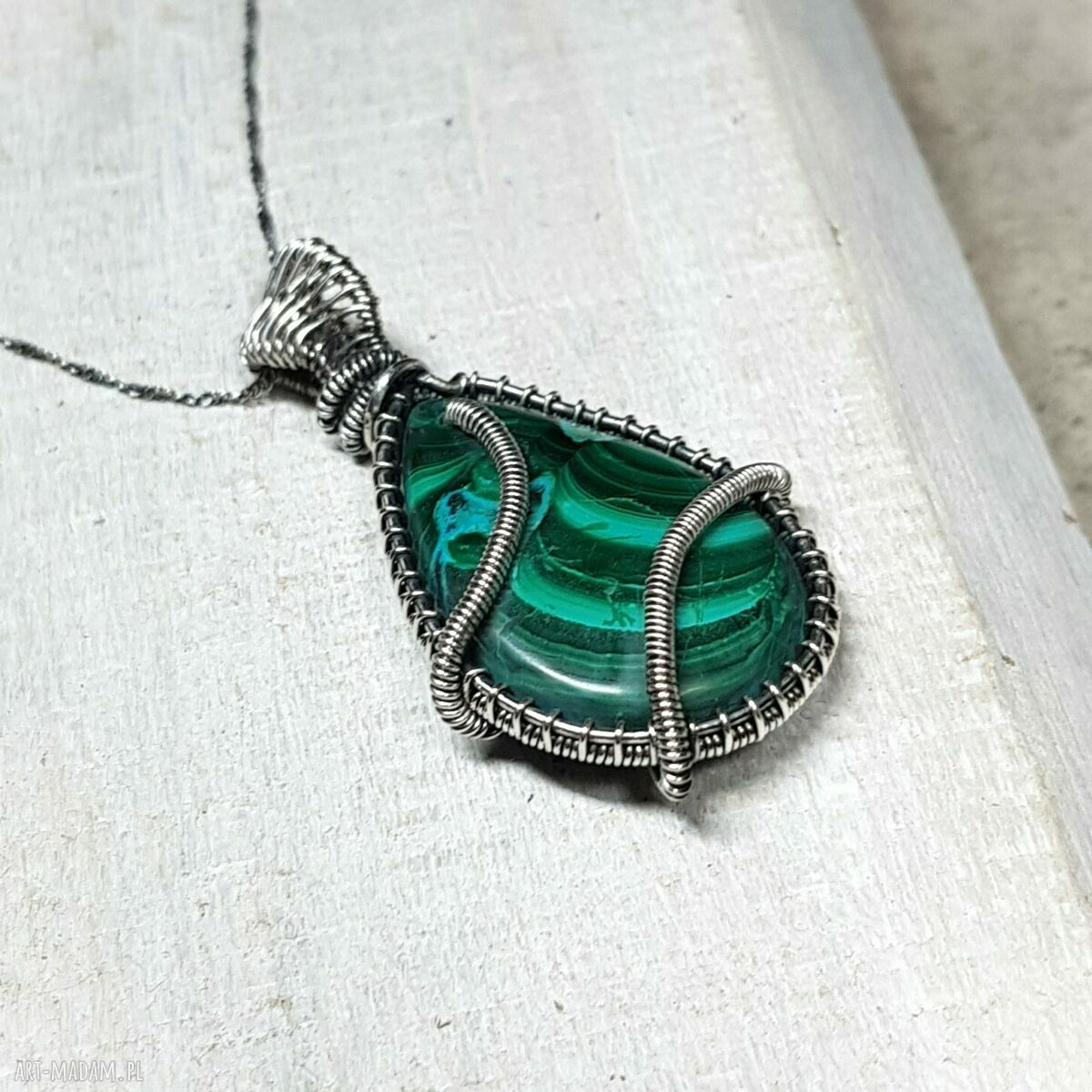 Malachit z Azurytem - wisiorek wire wrapping ze srebra 999 (rękodzieło)