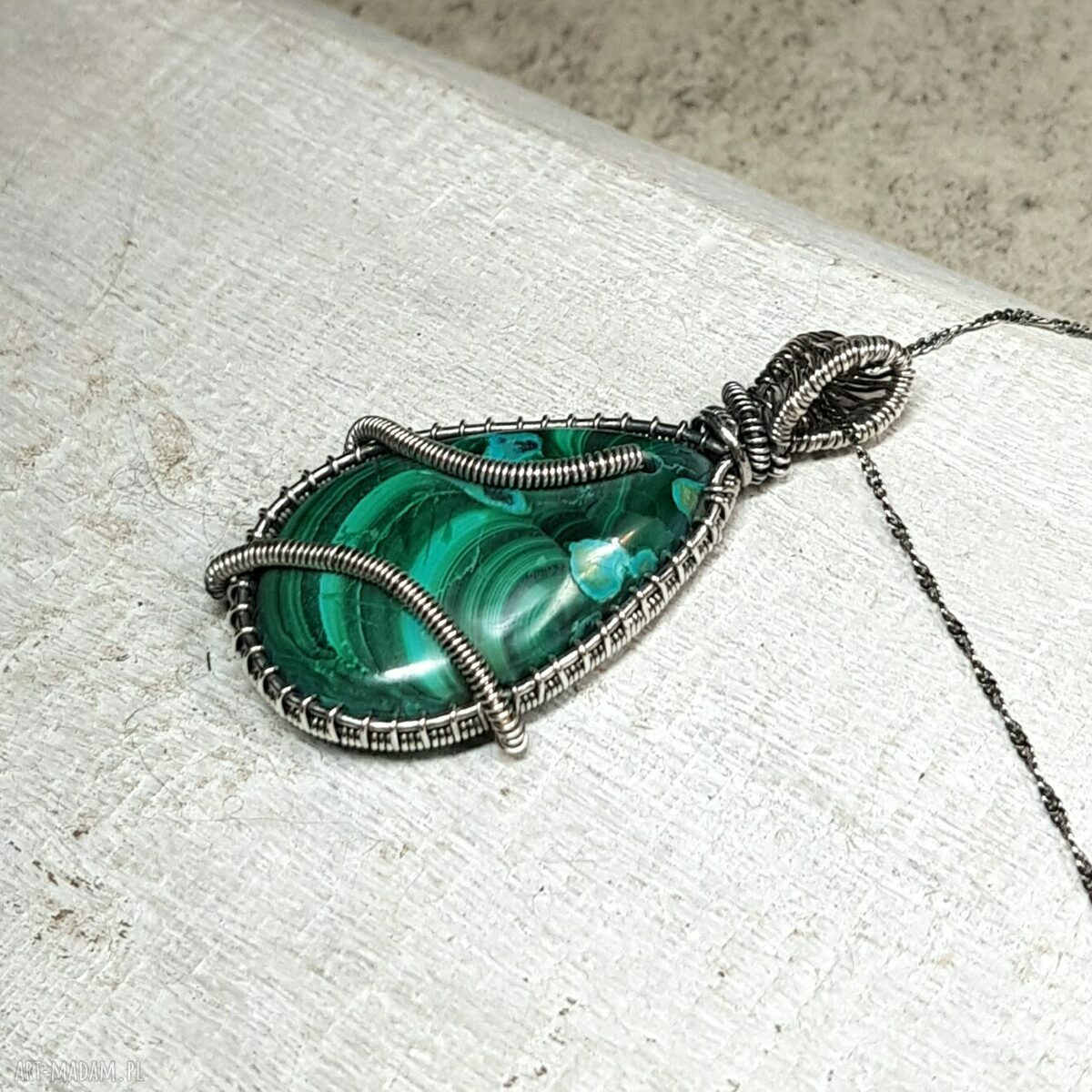 Malachit z Azurytem - wisiorek wire wrapping ze srebra 999 (rękodzieło)