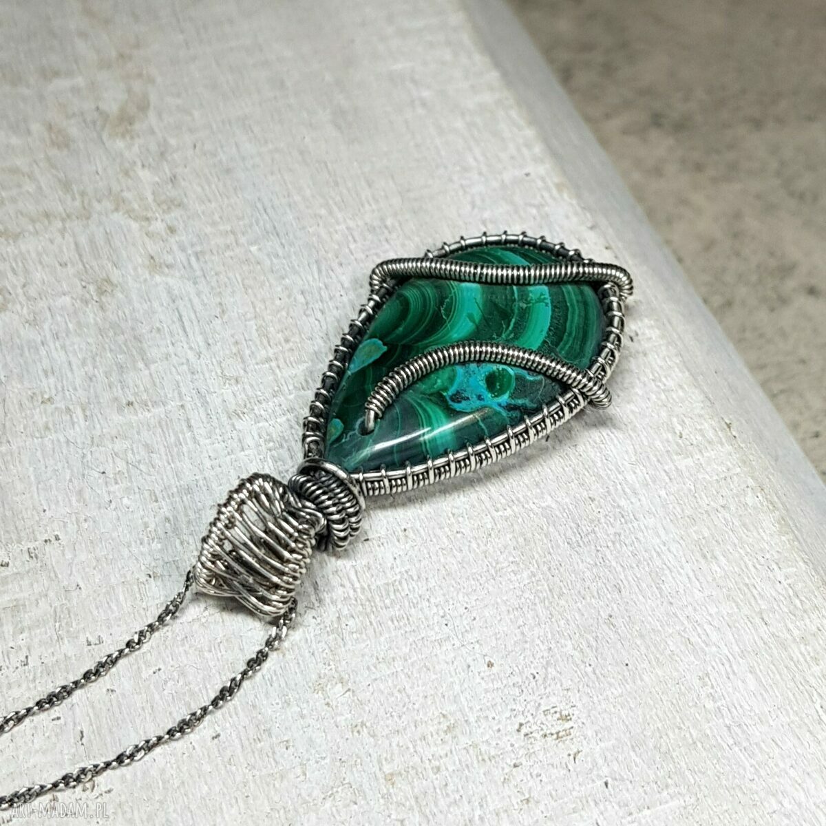 Malachit z Azurytem - wisiorek wire wrapping ze srebra 999 (rękodzieło)
